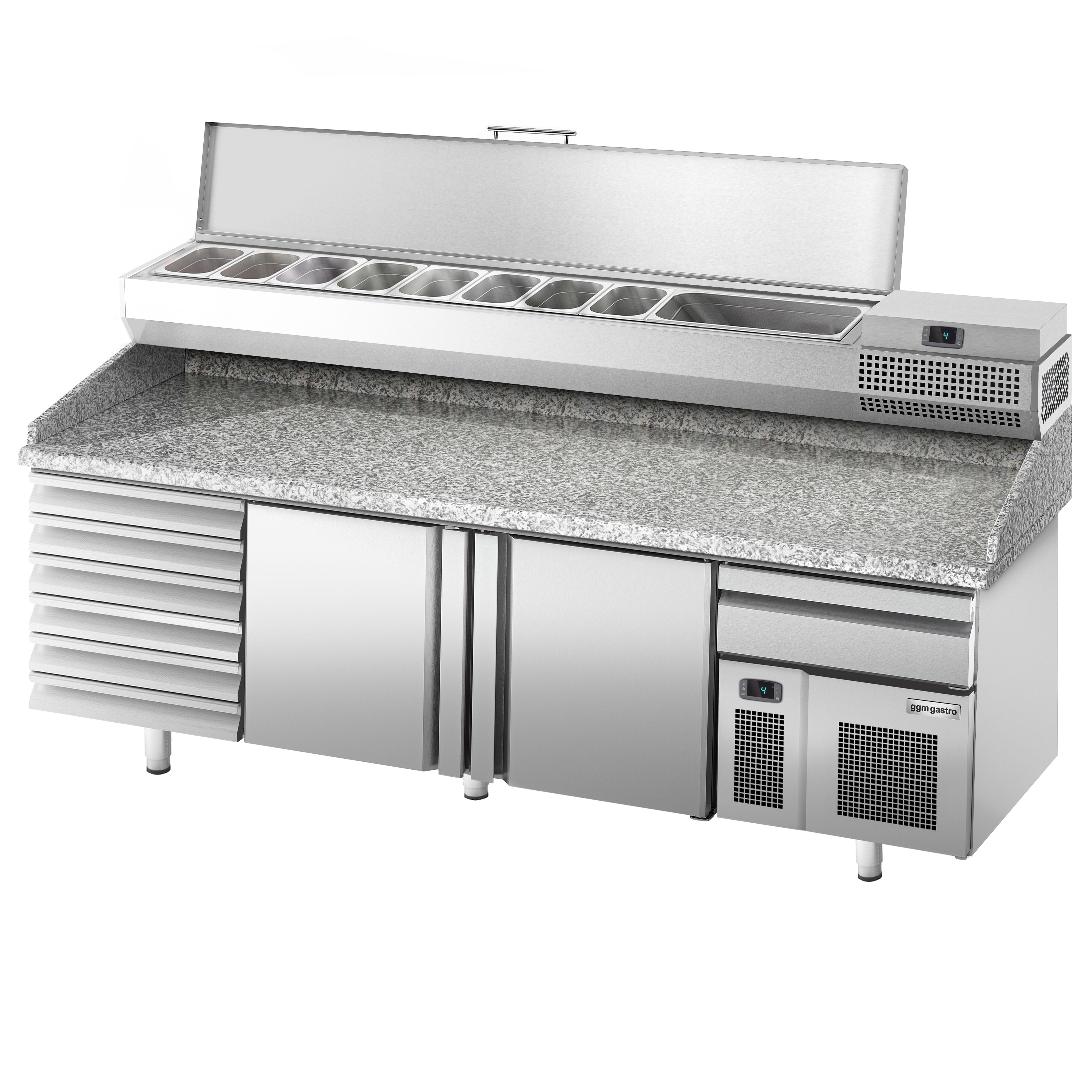 Table réfrigérée à pizza Premium PLUS - 2305 x 800 mm - avec 2 portes & 7 tiroirs - incl. vitrine réfrigérée de présentation - 10x GN 1/3