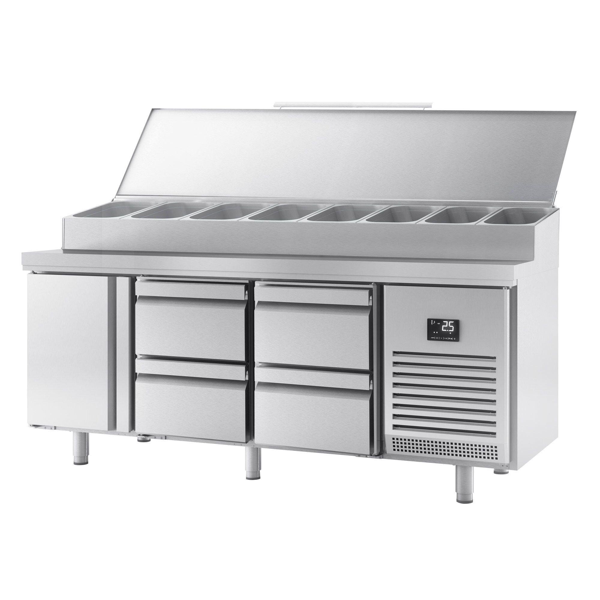 Table réfrigérée de préparation - 1960 x 700 mm - avec 1 porte et 4 tiroirs - avec superstructure en inox 1 x GN 1/2 et 9 x GN 1/3