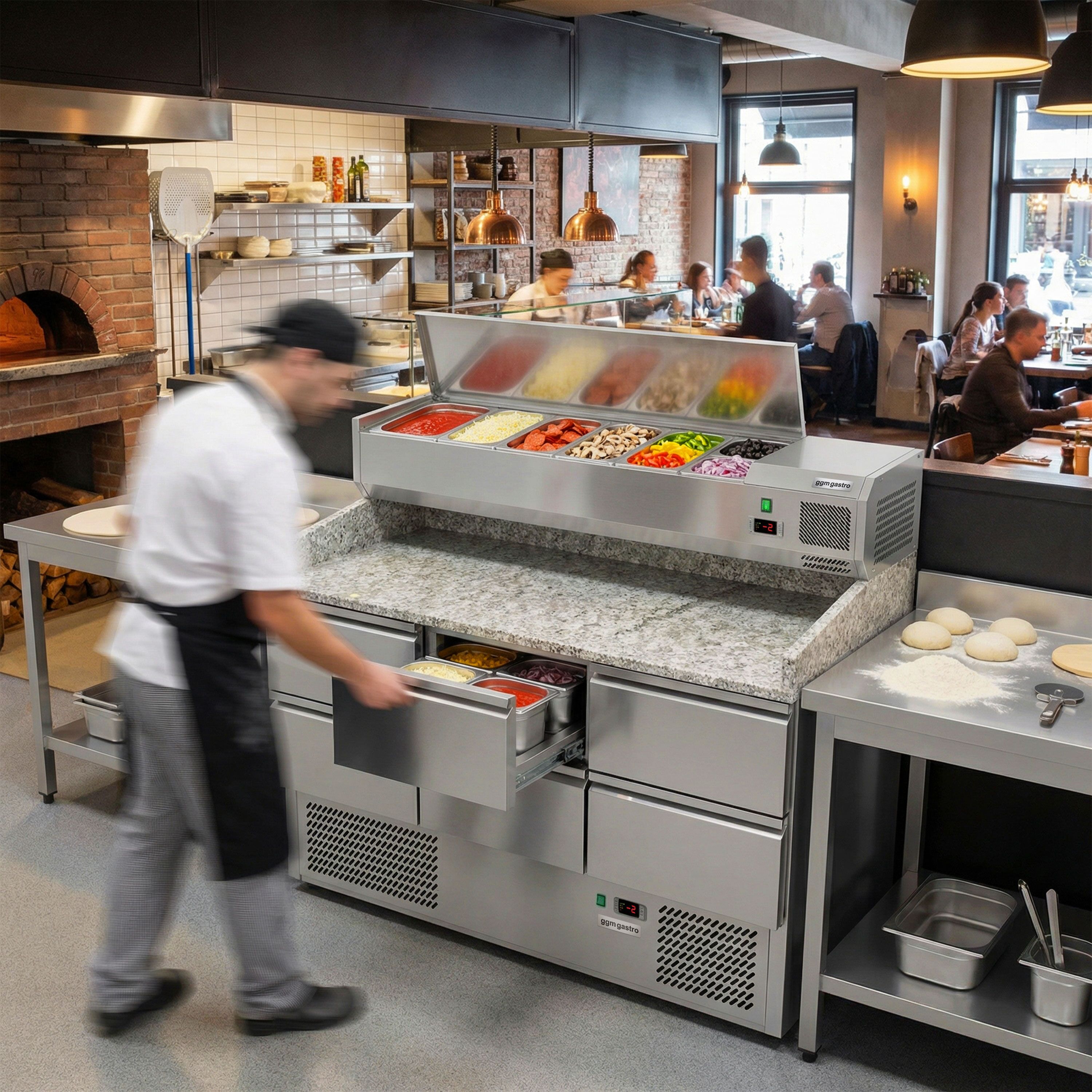 Table réfrigérée à pizza ECO - 1400 x 700 mm - avec 6 tiroirs 1/2 - incl. vitrine réfrigérée avec 6 x GN 1/4