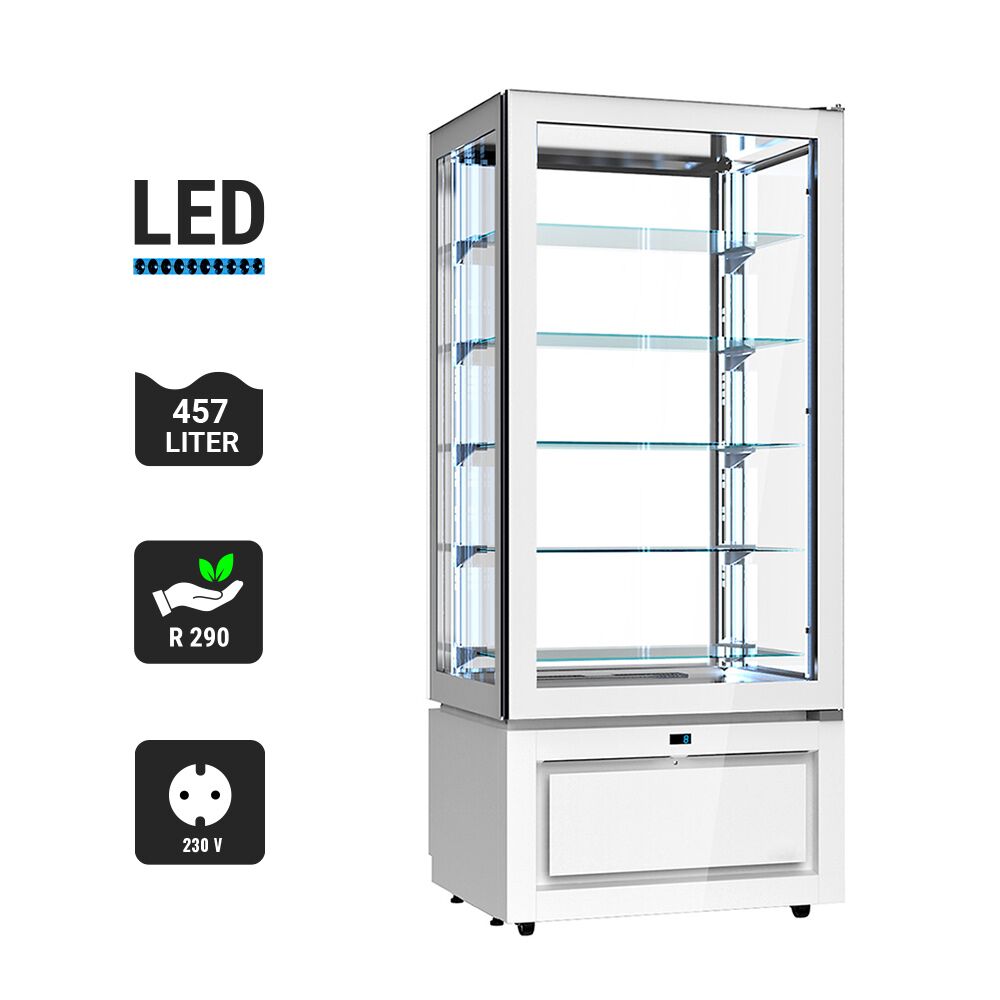 4-Sided Glass Display Fridge - 457L - 805mm - Double glazing - square - with 5 glass shelves - 1 glass door front - White