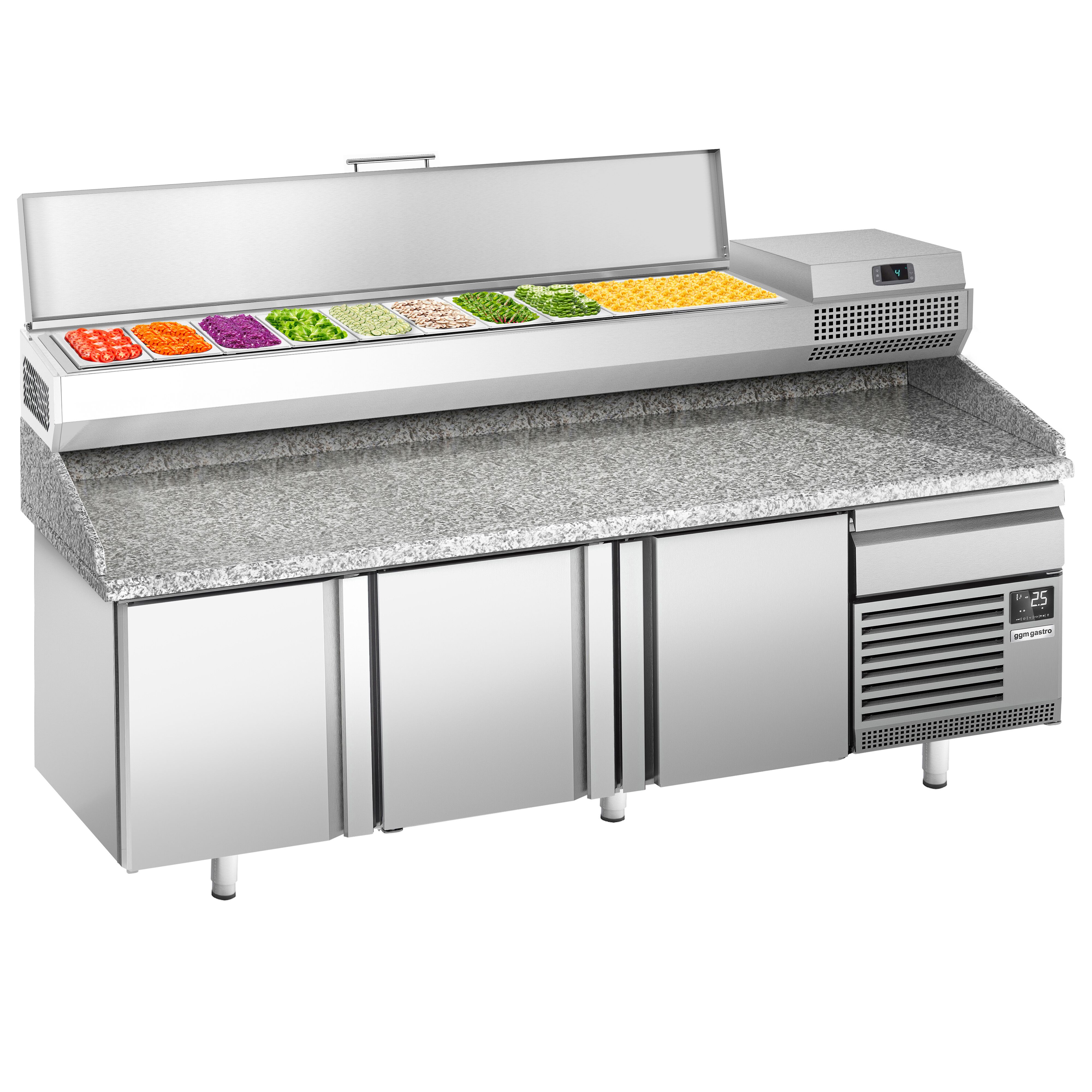 Table réfrigérée à pizza Premium PLUS - 2305 x 800 mm - avec 3 portes & 1 tiroir - incl. vitrine réfrigérée de présentation - 10x GN 1/3