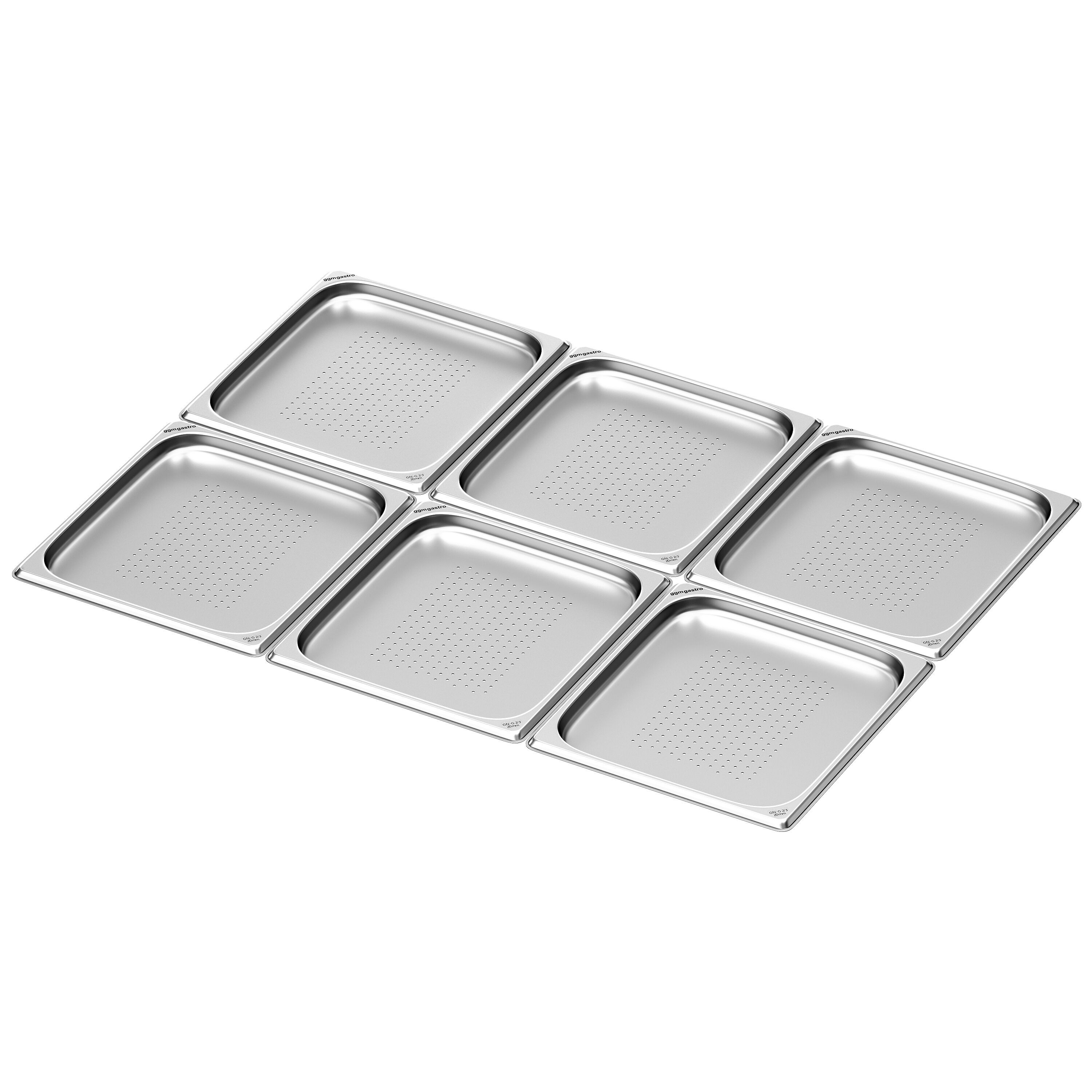 (6 pièces) Récipients en acier inoxydable GN 2/3 - perforés - hauteur : 20mm