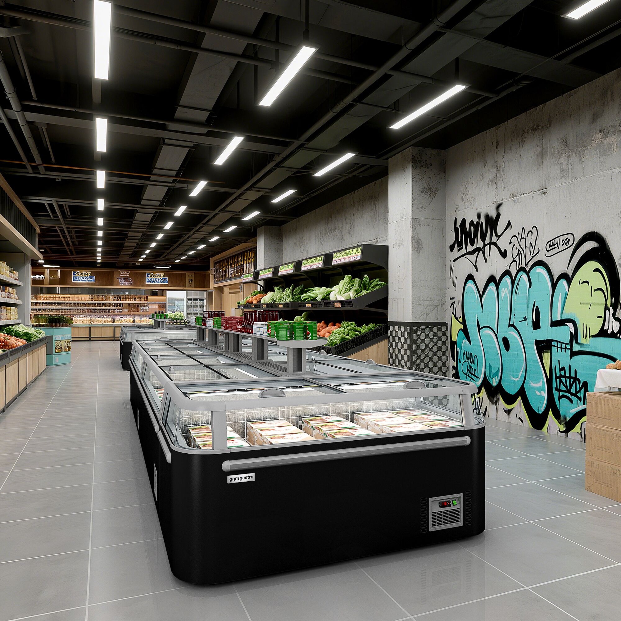 Îlot de congélation pour supermarché - Module de tête - 1850x850mm - 523 L - Couvercles coulissants en verre - Noir