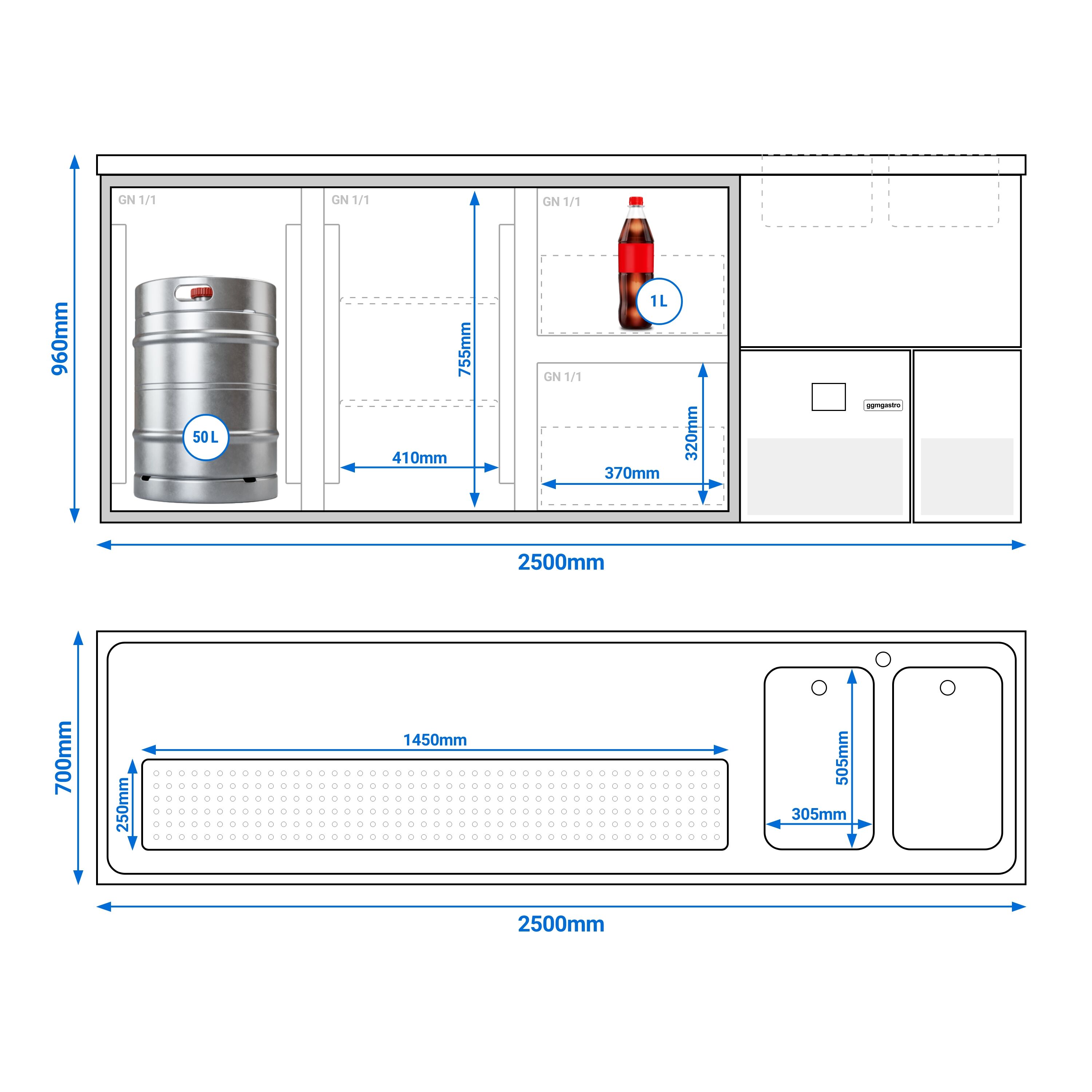 Comptoir de bar réfrigéré PREMIUM - 2500x700mm - 2 portes et 2 tiroirs