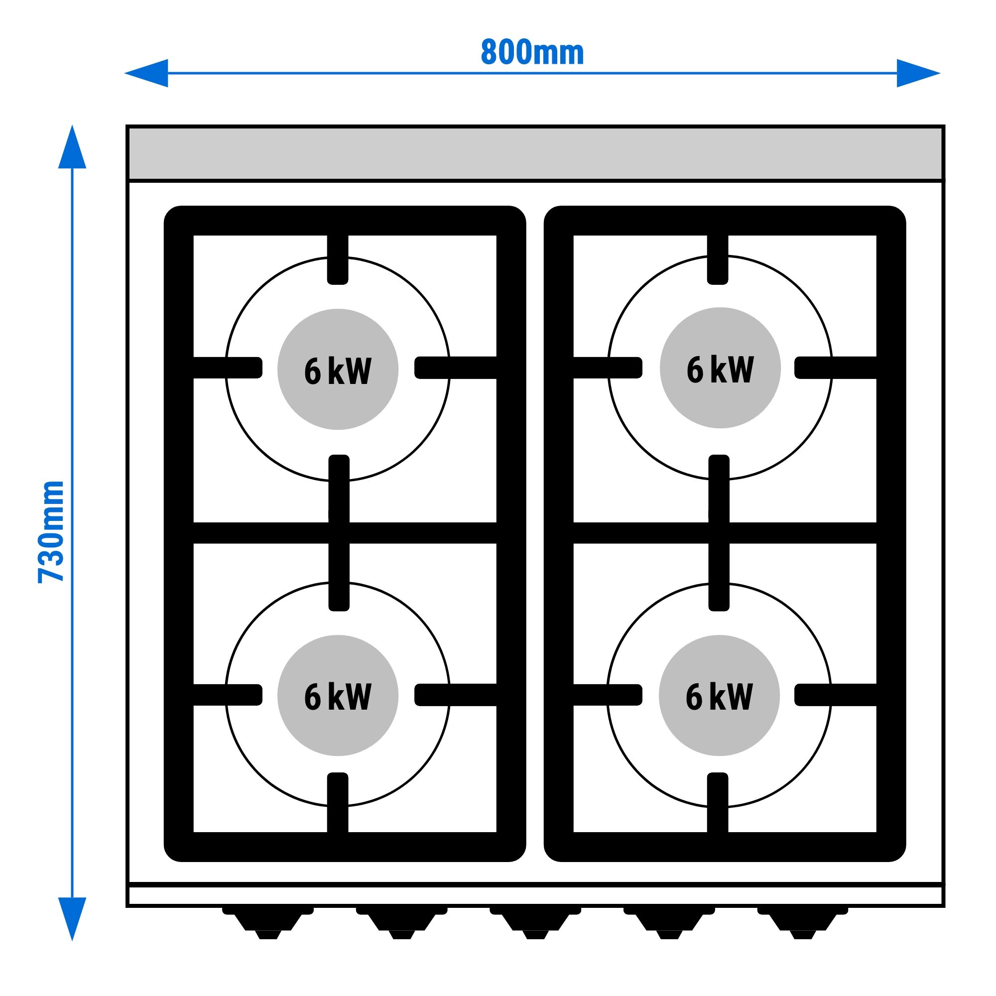 Fourneau à gaz – 24 kW – 4 brûleurs – avec four à gaz statique – 7,8 kW