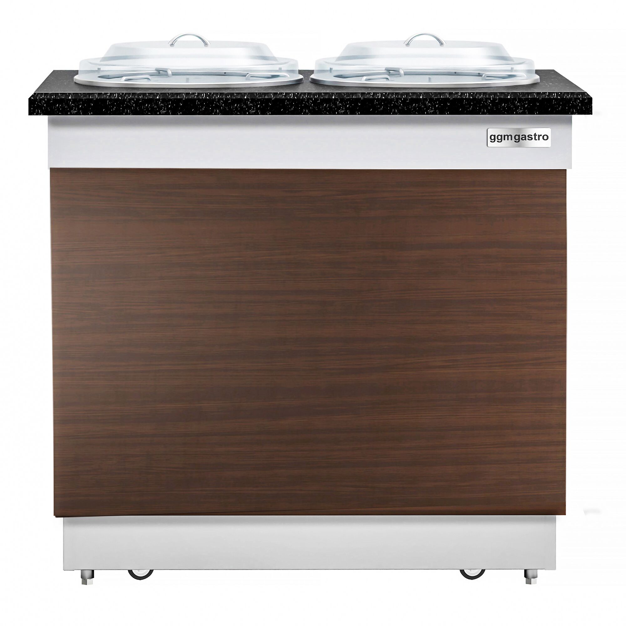 Tellerspender DUBLIN - beheizt - 1 kW - 700mm - mit Rollen - 100 Teller - schwarze Granit-Arbeitsplatte