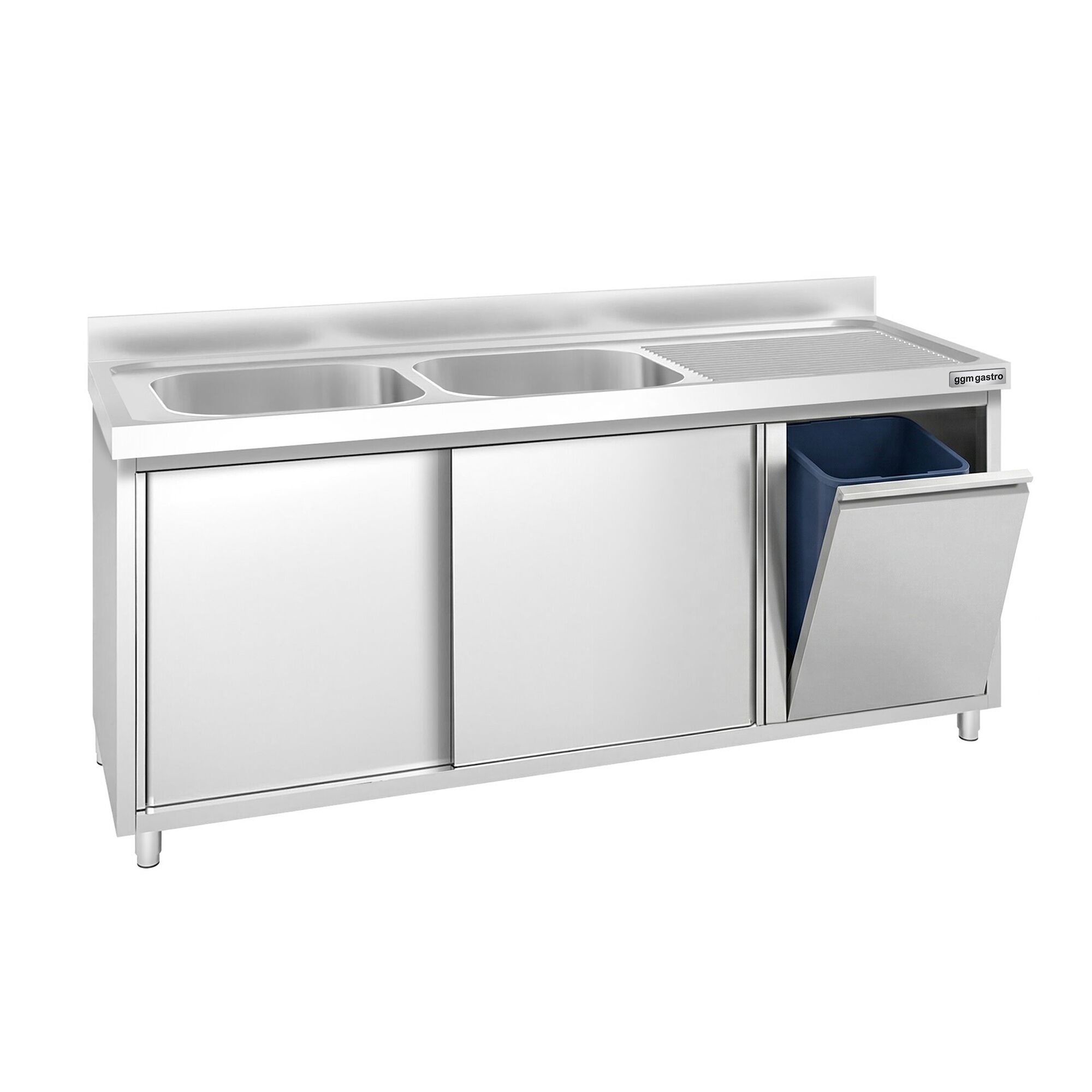 Meuble plonge PREMIUM - 1800x600mm - avec poubelle intégrée et 2 bacs