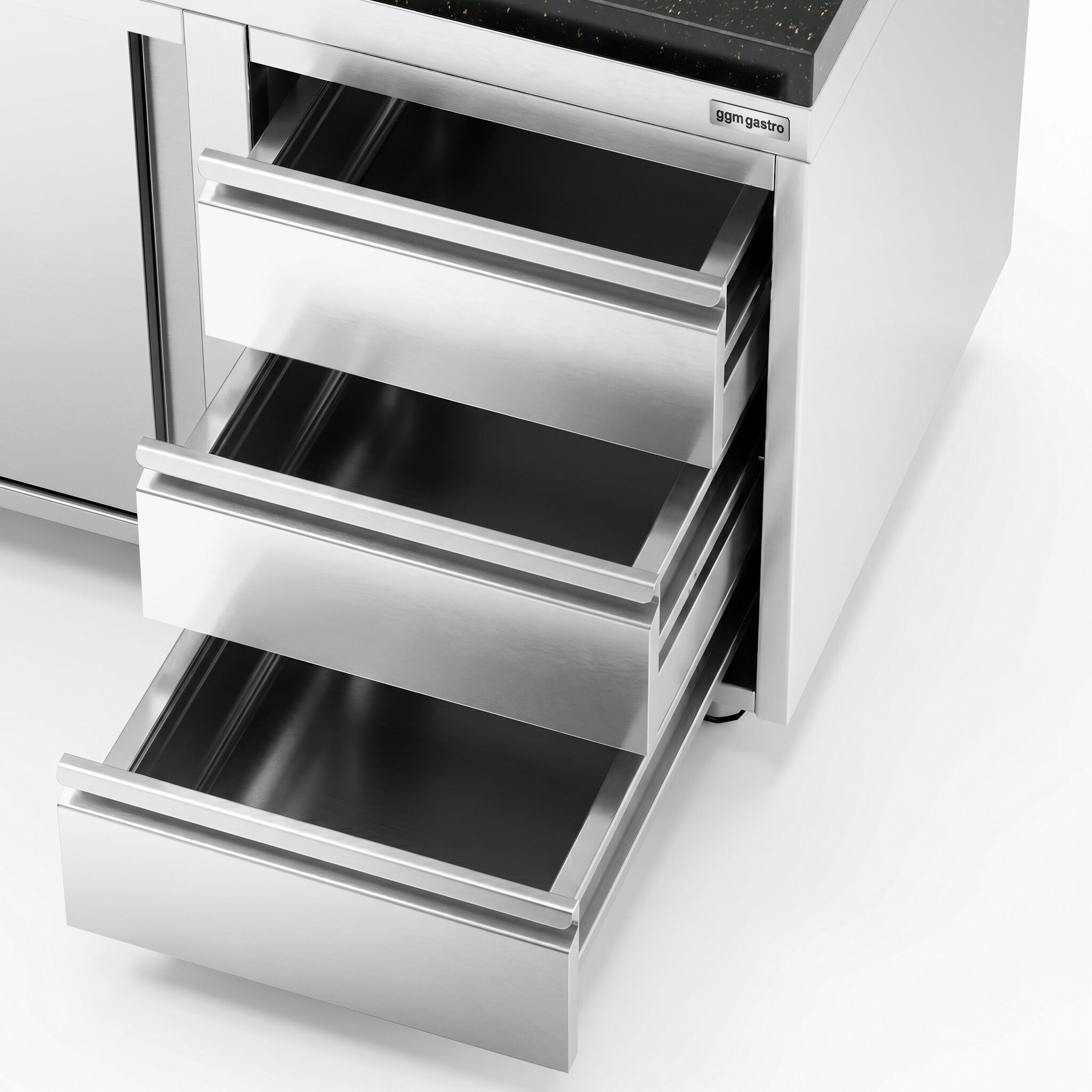  Szafka robocza ze stali nierdzewnej PREMIUM – 2000 x 600 mm – z 3 szufladami po prawej stronie – wraz z blatem granitowym