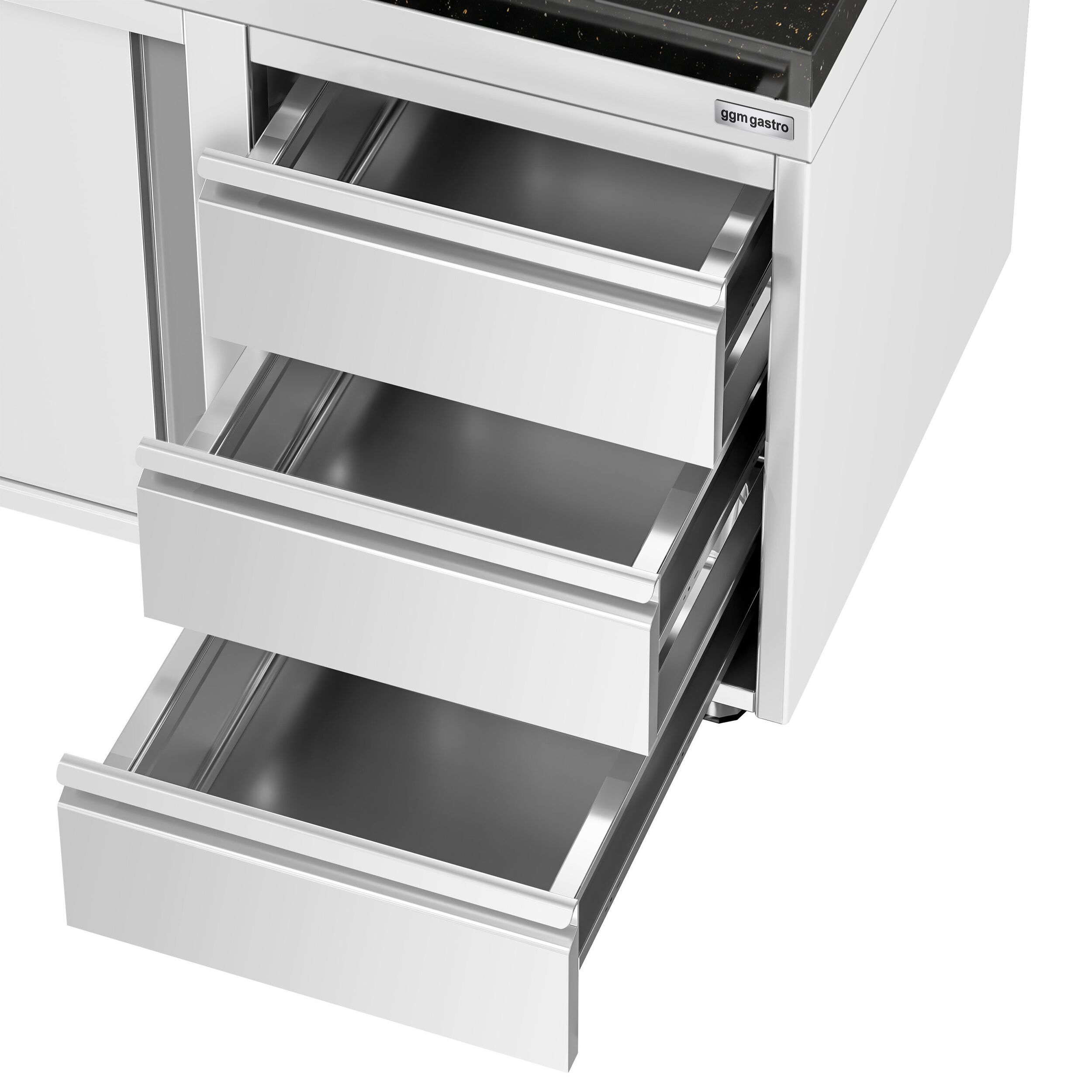 Roestvrijstalen werkkast PREMIUM - 2000 x 600 mm - met 3 lades rechts - incl. granieten werkblad