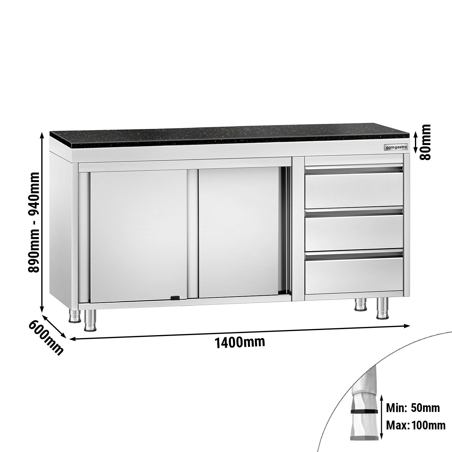 Edelstahl Arbeitsschrank PREMIUM - 1400x600mm - mit 3 Schubladen rechts - inkl. Granitarbeitsplatte
