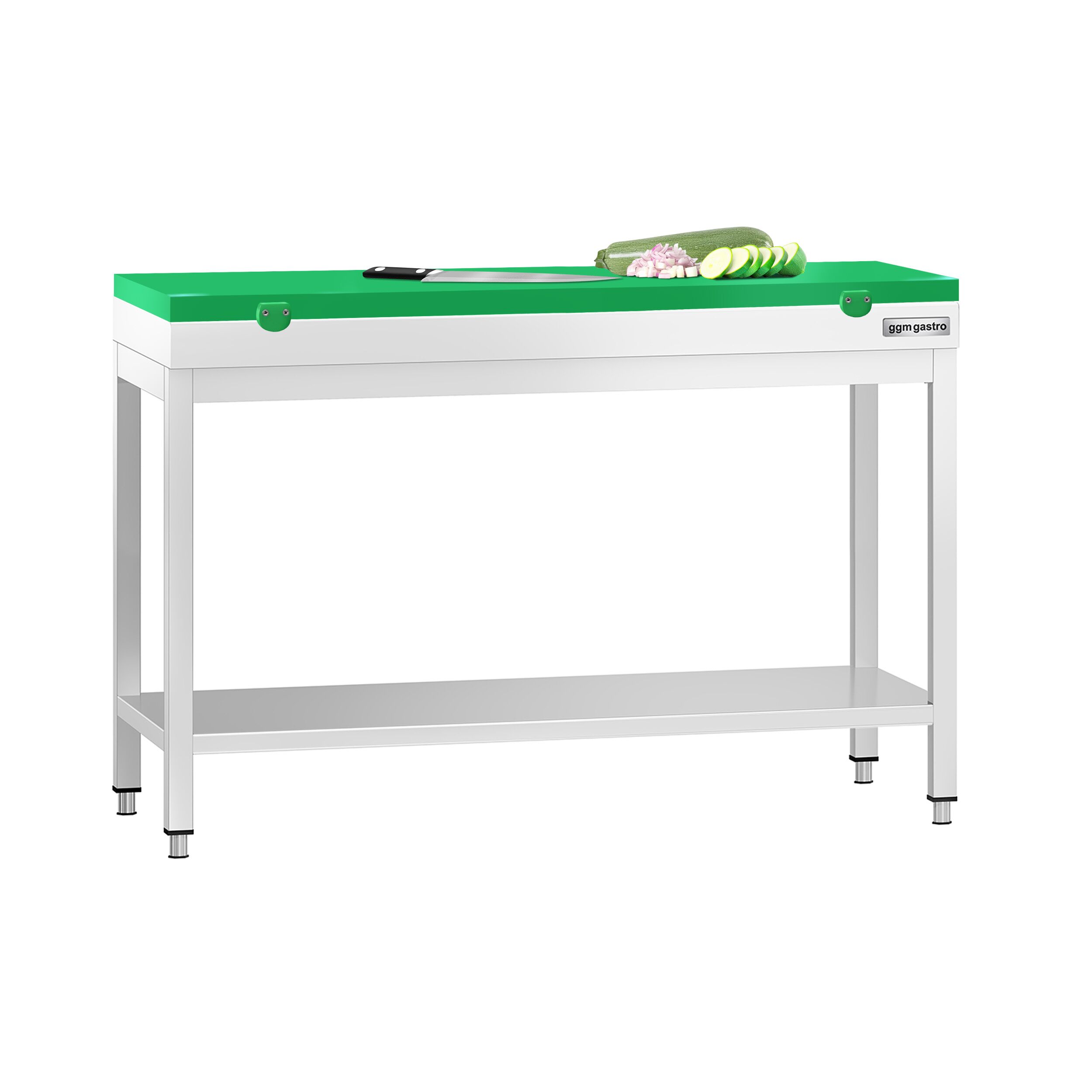 Table de travail inox PREMIUM - 1200 x 800 mm - avec tablette inférieure - incl. Planche à découper Verte