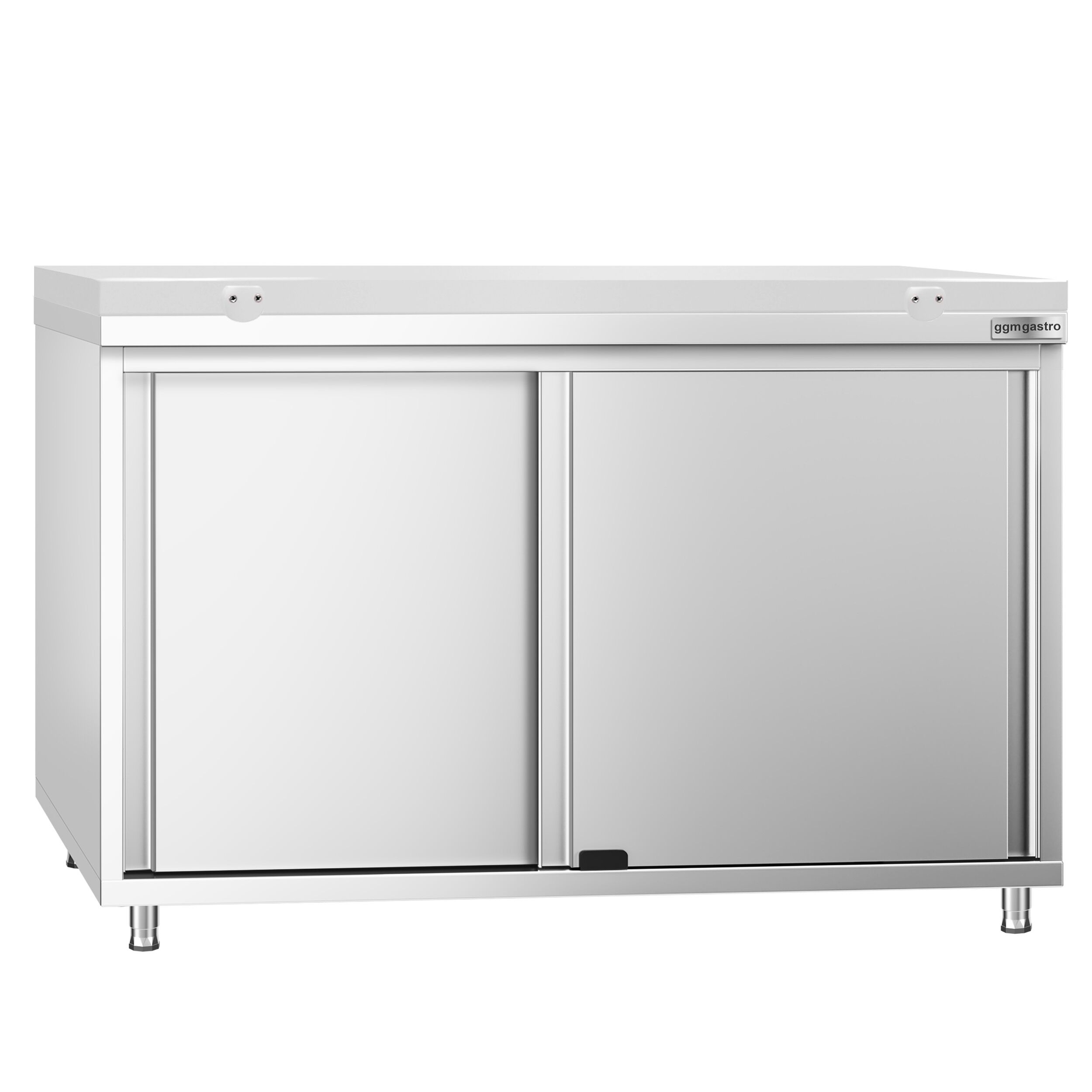 Table armoire en acier inoxydable PREMIUM - 1200x600mm - avec portes coulissantes et étagère basse - pour produits céréaliers, produits laitiers - incl. plateau de découpe Blanc PEHD (HACCP)