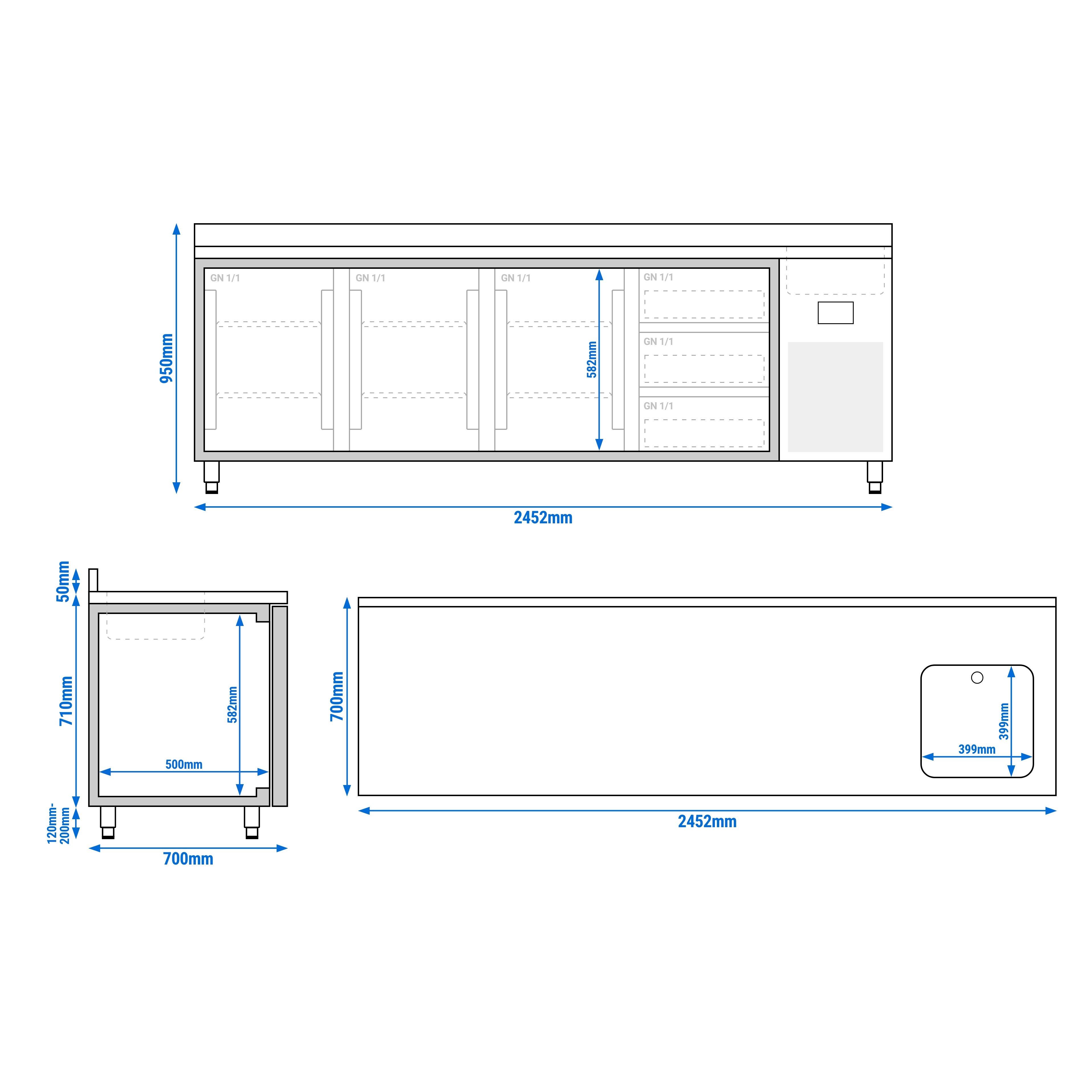 Table réfrigérée Premium PLUS - 2452 x 700 mm - avec 1 bac, 3 portes, 3 tiroirs - dosseret