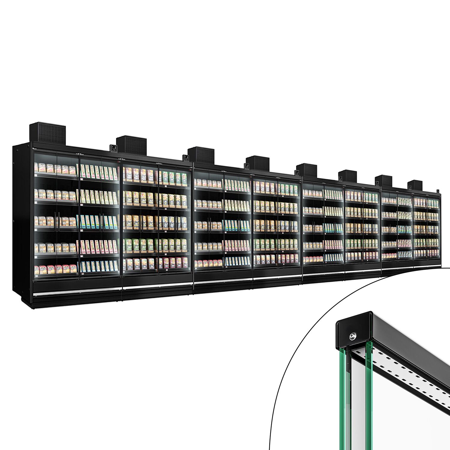 (8 pcs) Armoire réfrigérée murale de supermarché - 15000mm - avec 4 portes battantes vitrées & 4 étagères - arrière fermé - Noir