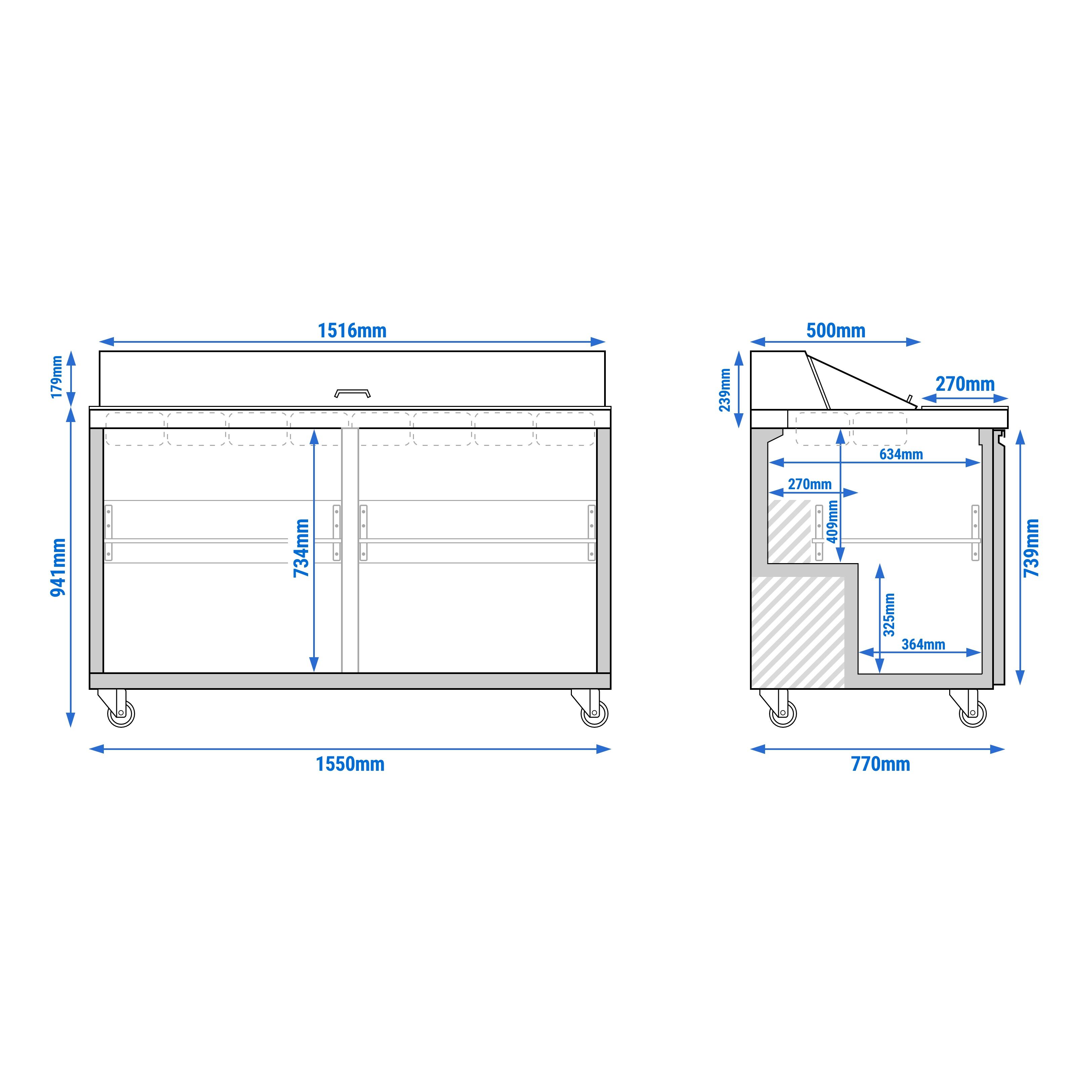 Saladette réfrigérée PREMIUM - 1555mm - 2 portes - avec découpe pour 16x GN 1/6 & Couvercle inox - incl. 16x conteneurs GN 1/6