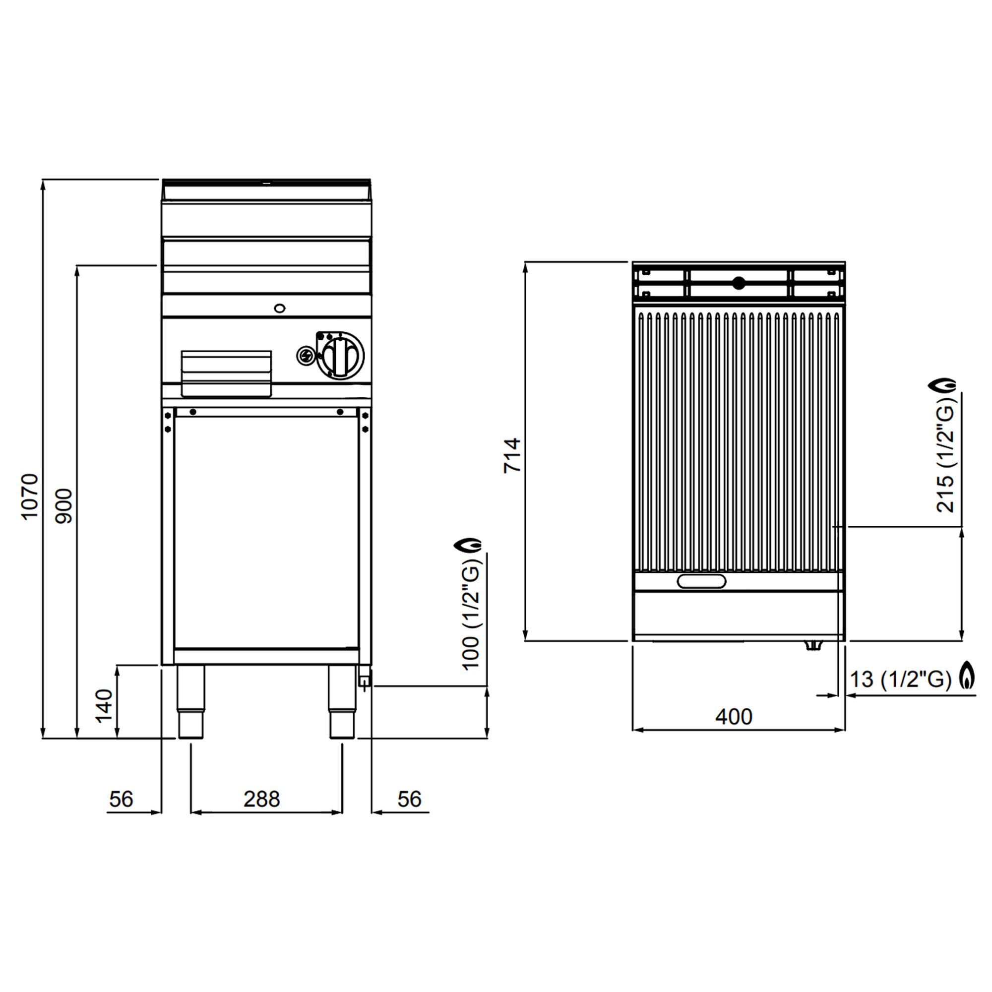 Commercial Gas Griddle - 6.9kW - Ribbed Plate - Cooking area: 395x500mm - on Stand