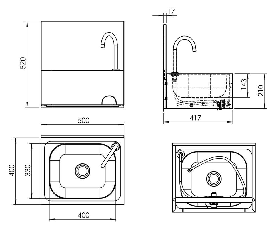 Commercial Hand Wash Sink - Stainless steel - with knee-operated tap