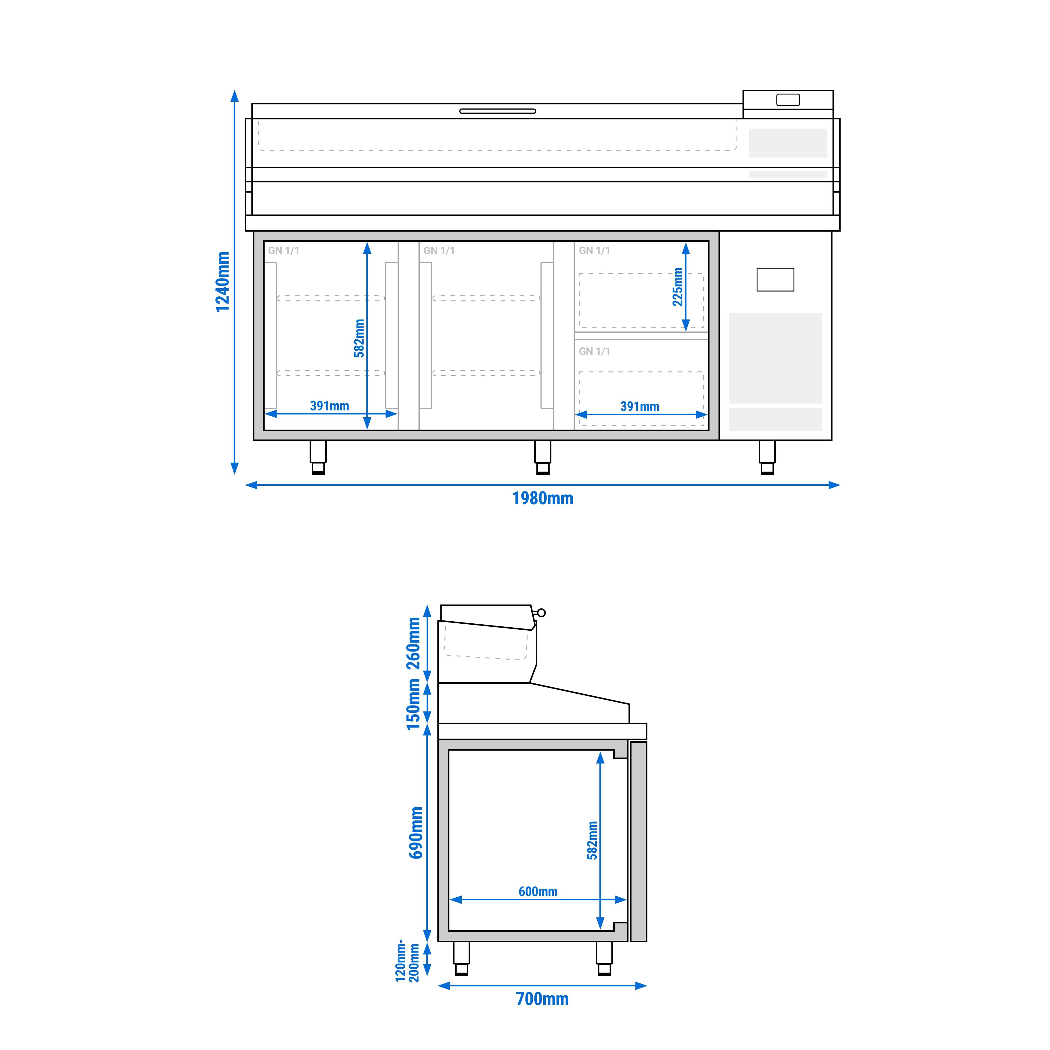 Table réfrigérée à pizza Premium PLUS - 1980x700 mm - avec 2 portes & 2 tiroirs - incl. vitrine réfrigérée - 9x GN 1/4