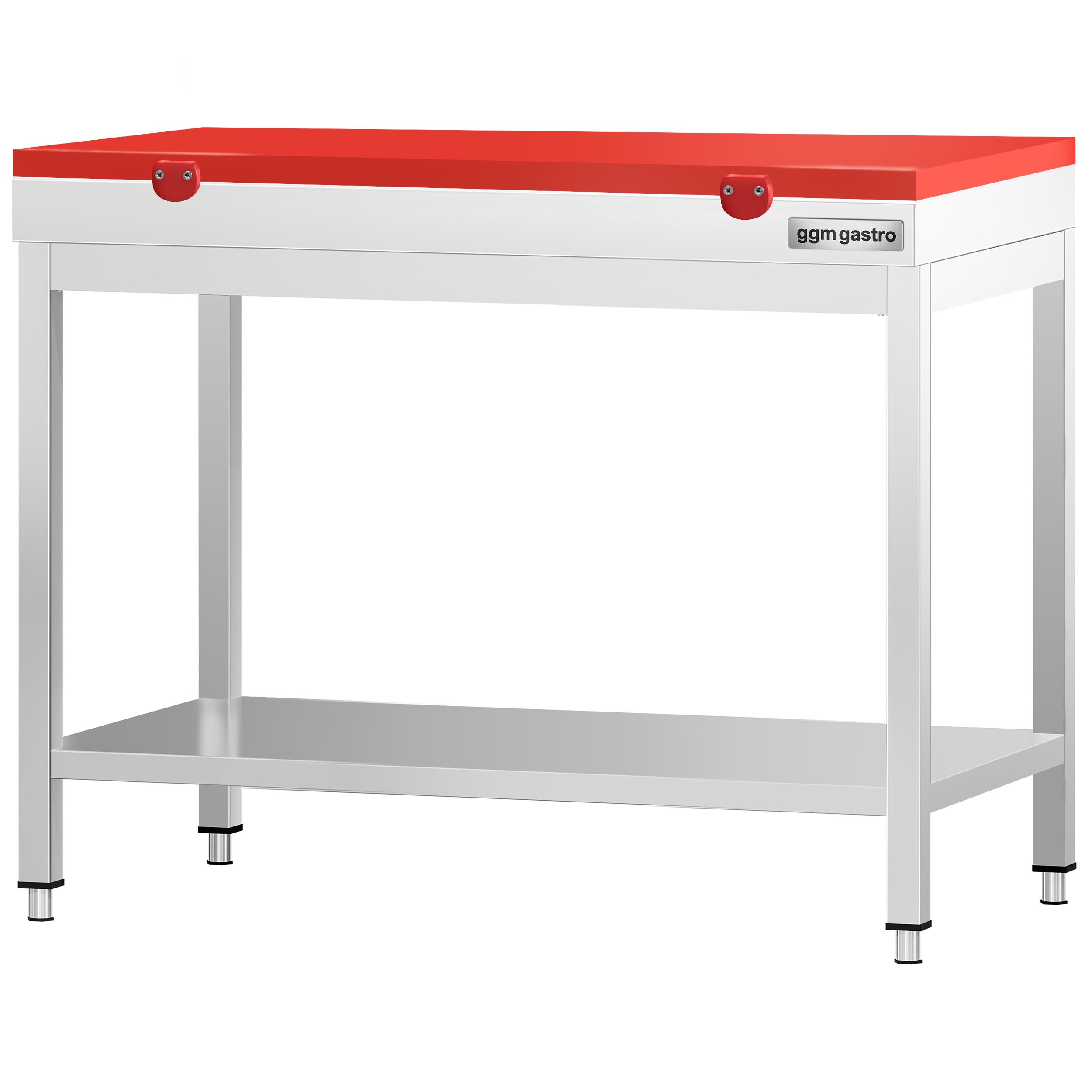 Stół roboczy centralny ze stali nierdzewnej PREMIUM - 800x700mm - z półką - z deską do krojenia Czerwony