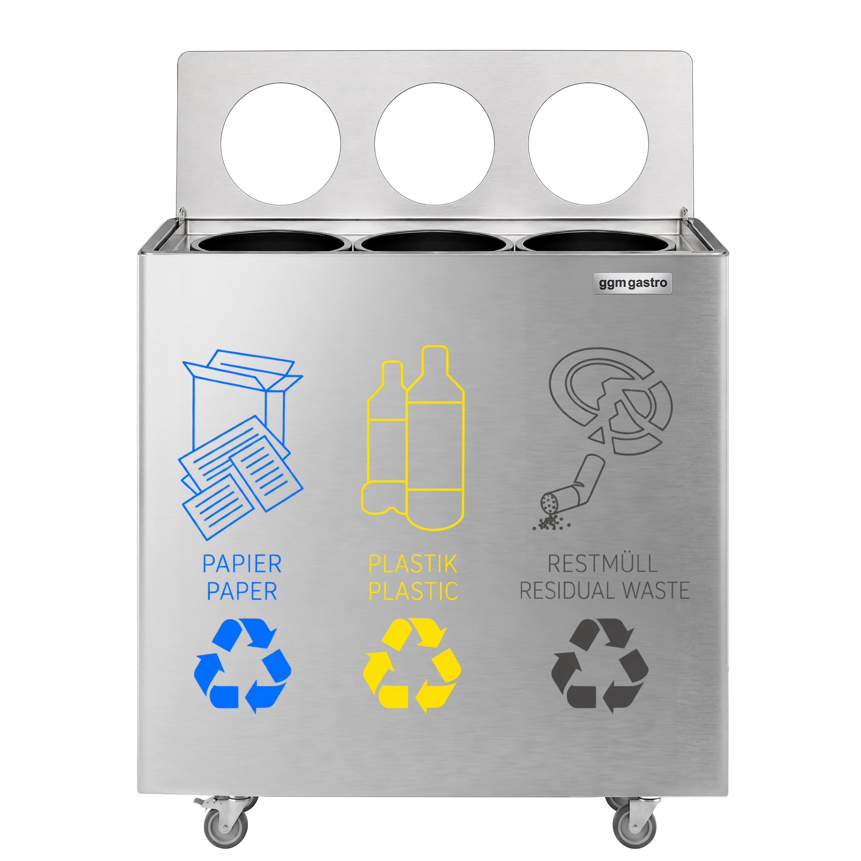 Waste sorting system – 3 bins, 30 litres each – stainless steel – with 4 castors