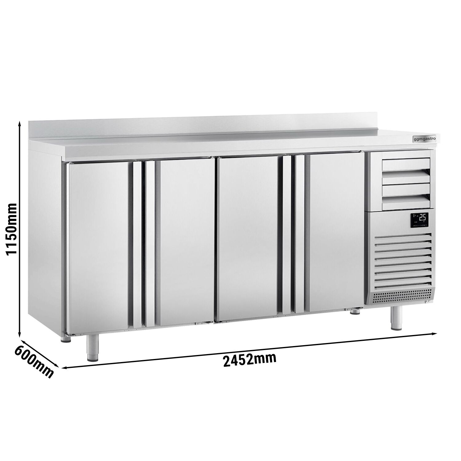 Arrière-bar réfrigéré professionnel  Premium PLUS - 2450 x 600 mm - avec 4 portes, 2 tiroirs et dosseret