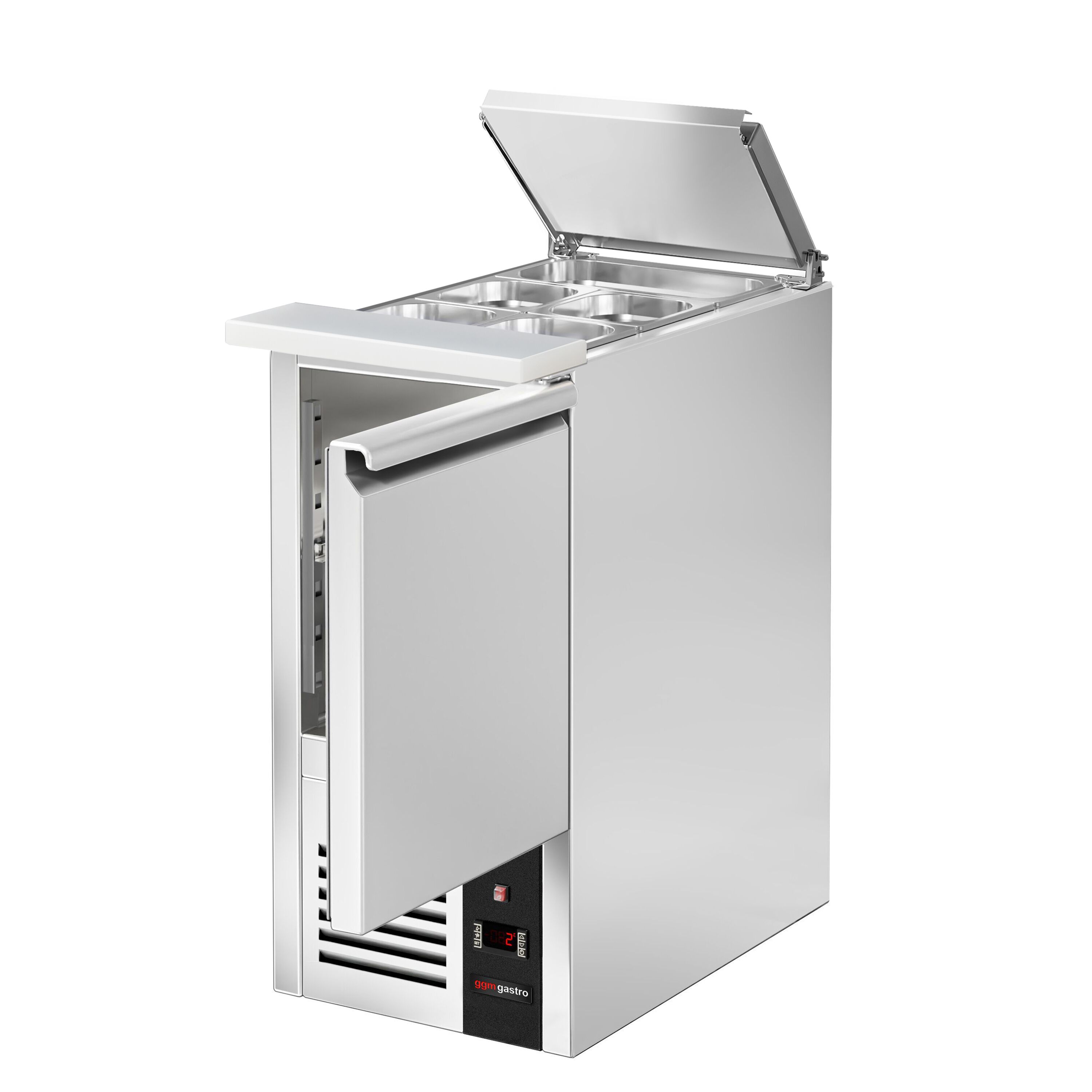 Commercial Saladette Counter PREMIUM - 450mm - 102L - 1 door - open top for 1 x GN 1/1 & stainless steel hinged lid