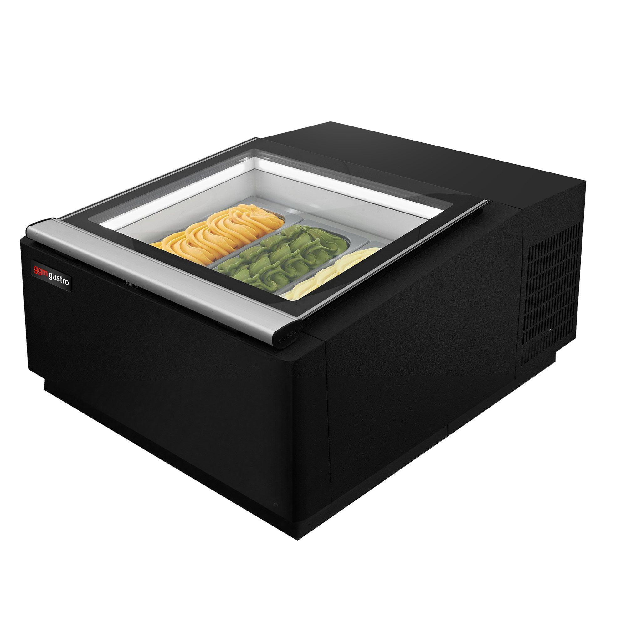 Vetrina gelato da banco - 670mm - Refrigerazione statica - con Sbrinamento automatico - per 3x Vasca da gelato da 5 Litri - Nero - Vetro dritto - Apertura coperchio lato lato operatore