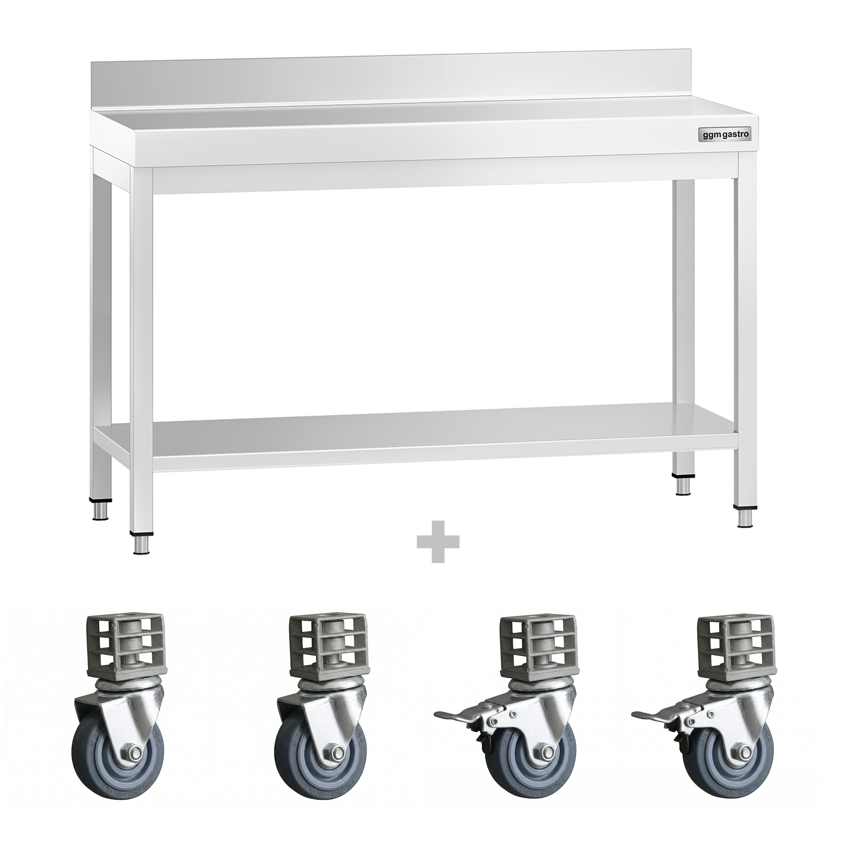 Table de travail en inox PREMIUM - 1200 x 600 mm - avec tablette inférieure, dosseret et roulettes