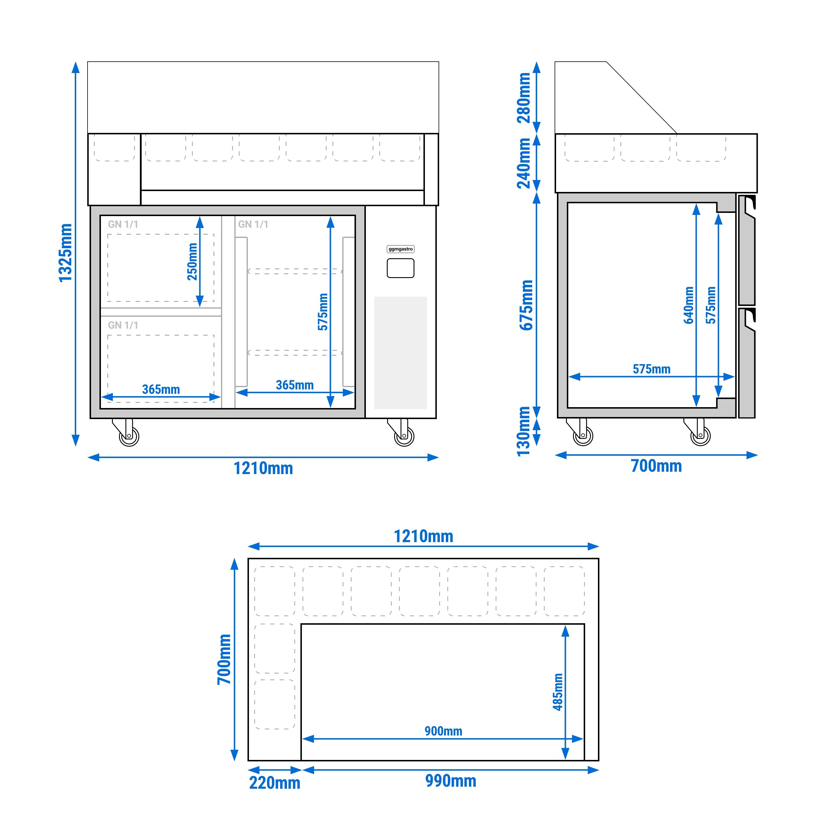 Saladette Kompakt - 1210x700 mm - glasöverdel - 1 dörr & 2 lådor - för 9x GN 1/6 - inkl. Korvgrill/Hot dog‑grill & -värmare