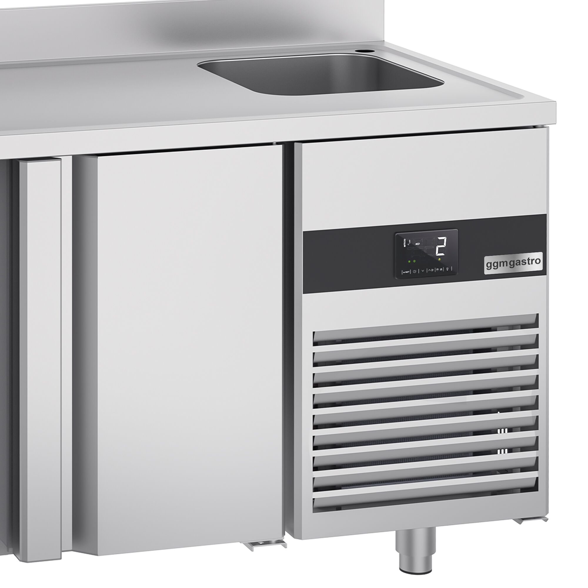 Commercial Counter Fridge PREMIUM - 1430x700mm - with 2 doors - sink right - with upstand - capacity 270 litres