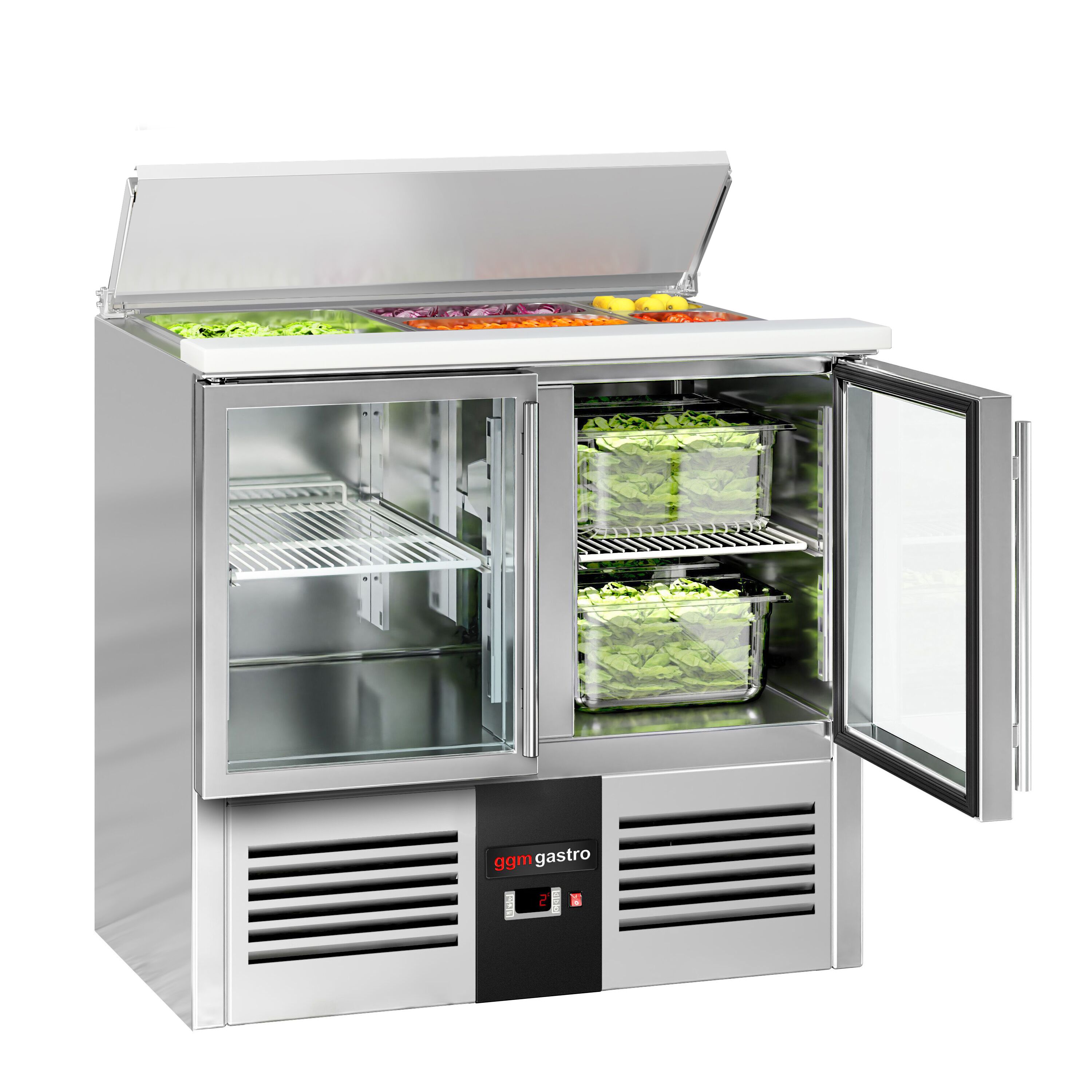 Saladette réfrigérée PREMIUM - 903mm - 240L - 2 portes vitrées - avec découpe pour 2x GN 1/1 & 3x GN 1/6 & Couvercle inox - plan de travail en granit noir