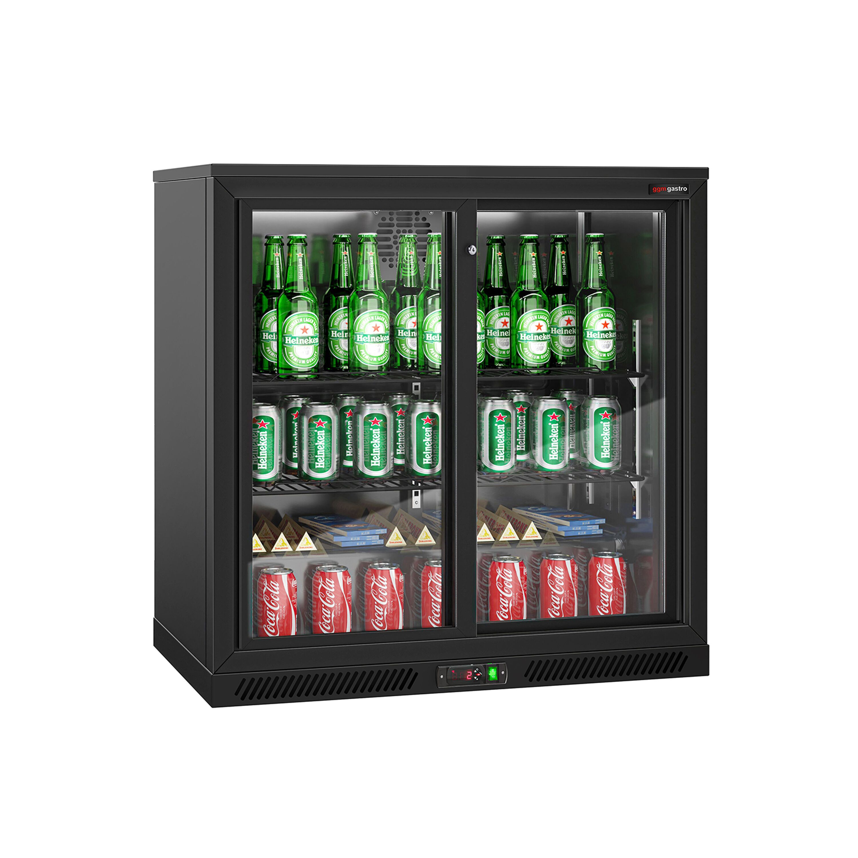Réfrigérateur de bar – 900 mm – 220 litres – avec 2 portes coulissantes en verre – Extérieur & intérieur Noir