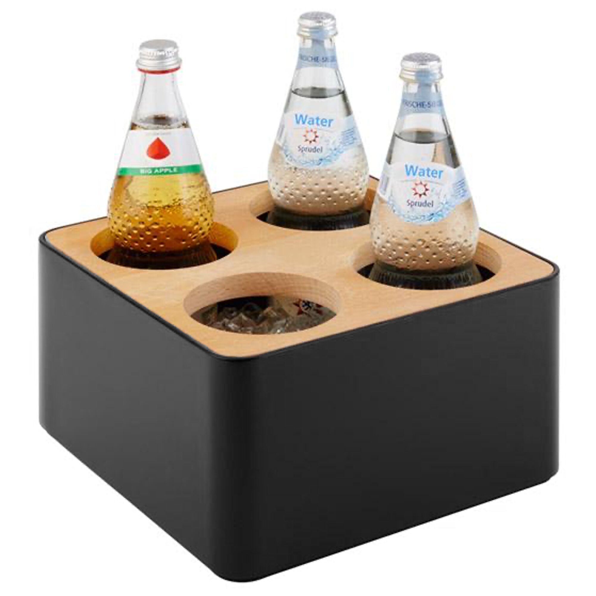 Présentoir de bar - porte-bouteilles et porte-couverts - 270x270mm - Hauteur: 150mm - bois, SAN, acier inoxydable - avec 4 compartiments - incl. 4 pots à couverts en acier inoxydable - Noir