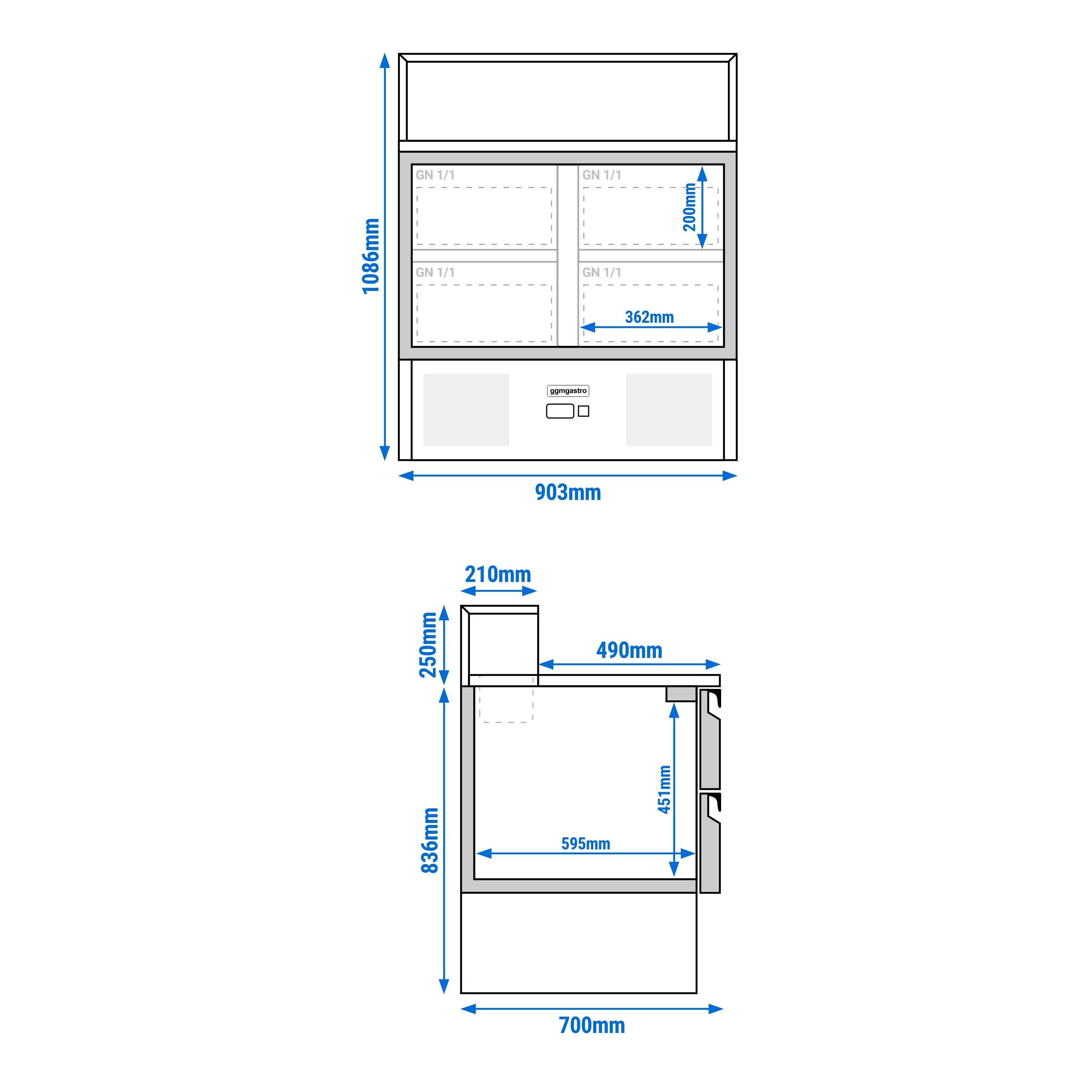 Saladette réfrigérée PREMIUM - 903mm - 240L - 4 tiroirs - pour 5x GN 1/6 - plan de travail en granit noir