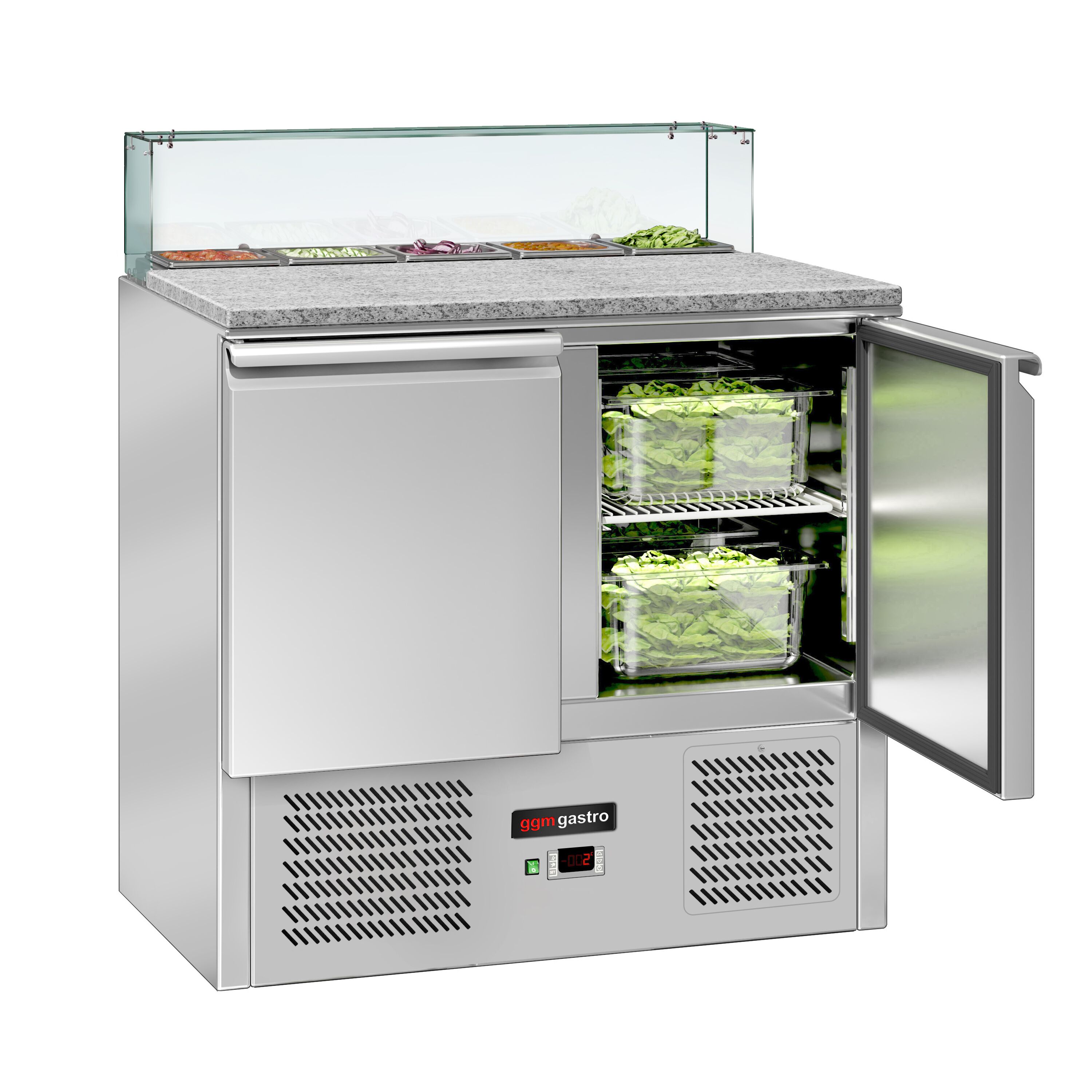 Saladette réfrigérée ECO - 900mm - 240L - 2 portes - avec vitrine de comptoir pour 5x GN 1/6