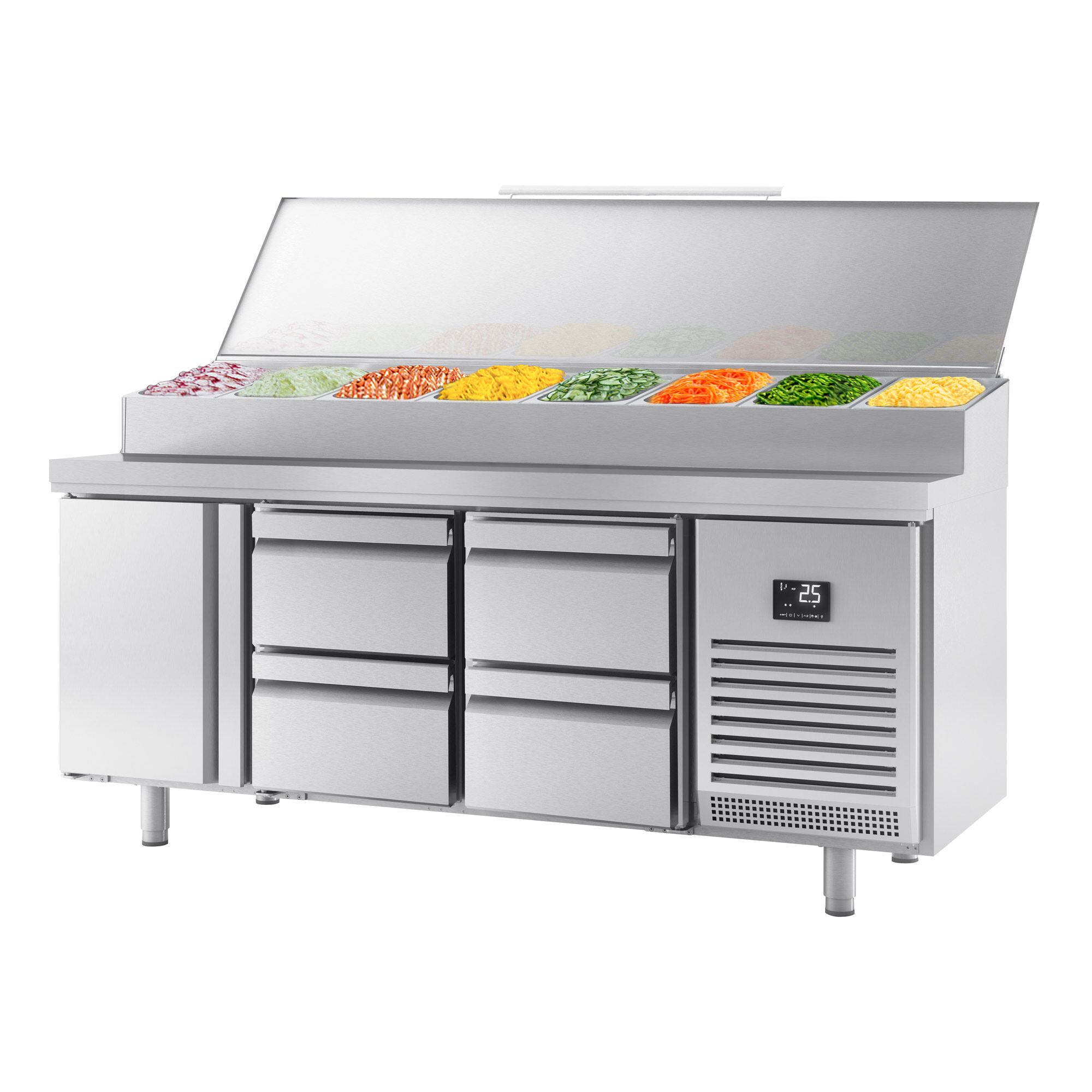 Table réfrigérée de préparation - 1960x600 mm - avec 1 porte & 4 tiroirs - superstructure inox pour 11 bacs GN 1/4