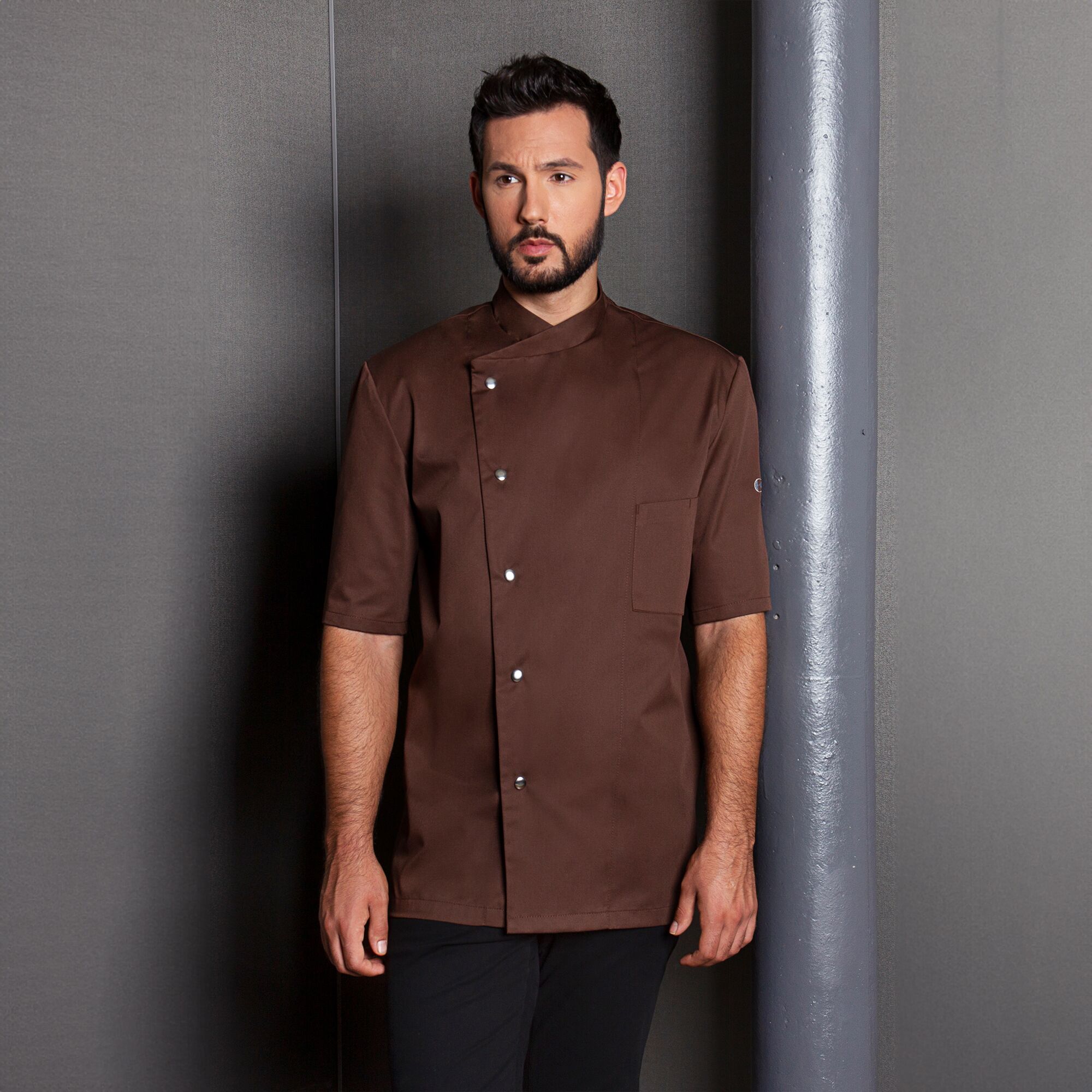 KARLOWSKY | Gustav Men's Chef Jacket – Short Sleeve - Light Brown - Size 44 - Press-Stud Closure