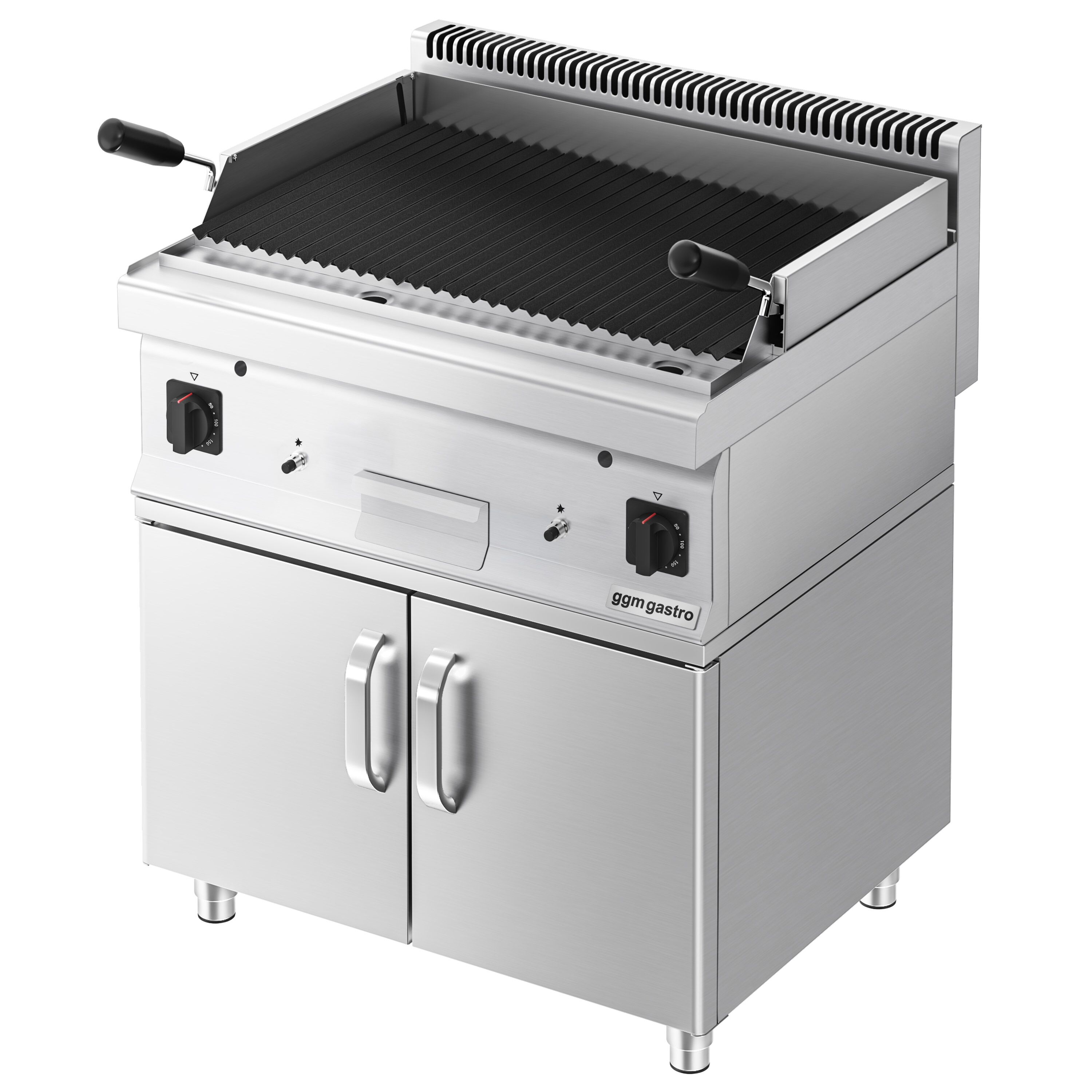 Grill à pierre de lave à gaz – 10,6 kW – grille inclinable – incl. soubassement avec 2 portes