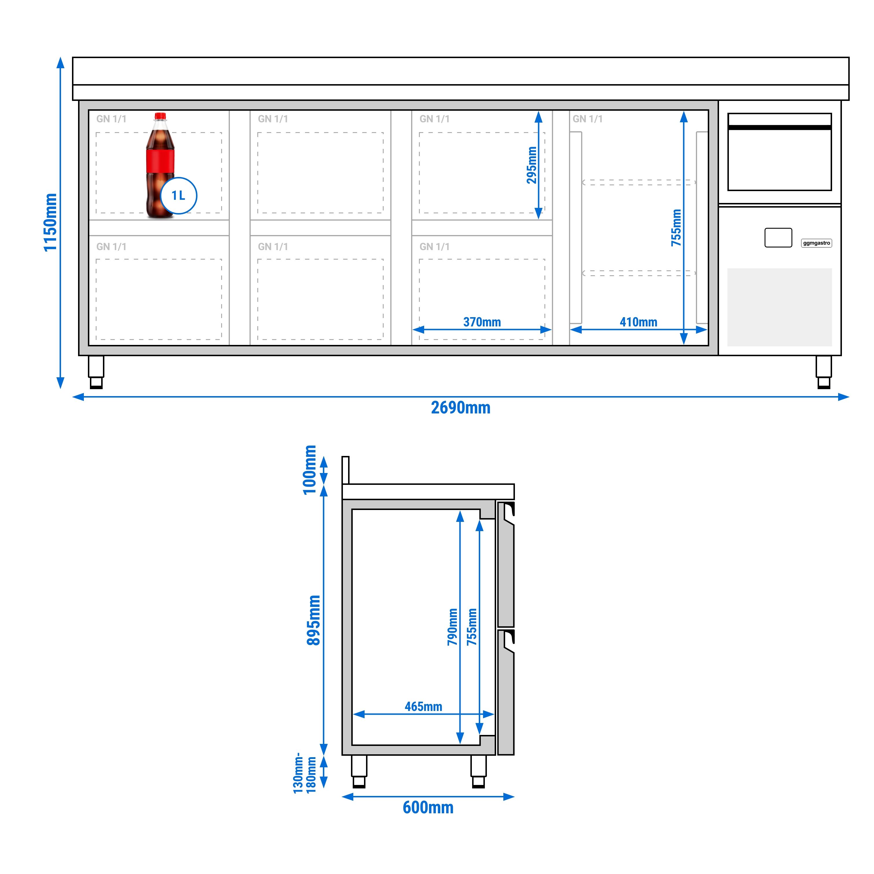 Arrière-bar réfrigéré professionnel  PREMIUM - 2690 x 600 mm - avec 1 porte et 6 tiroirs - avec dosseret - avec tiroir à marc de café