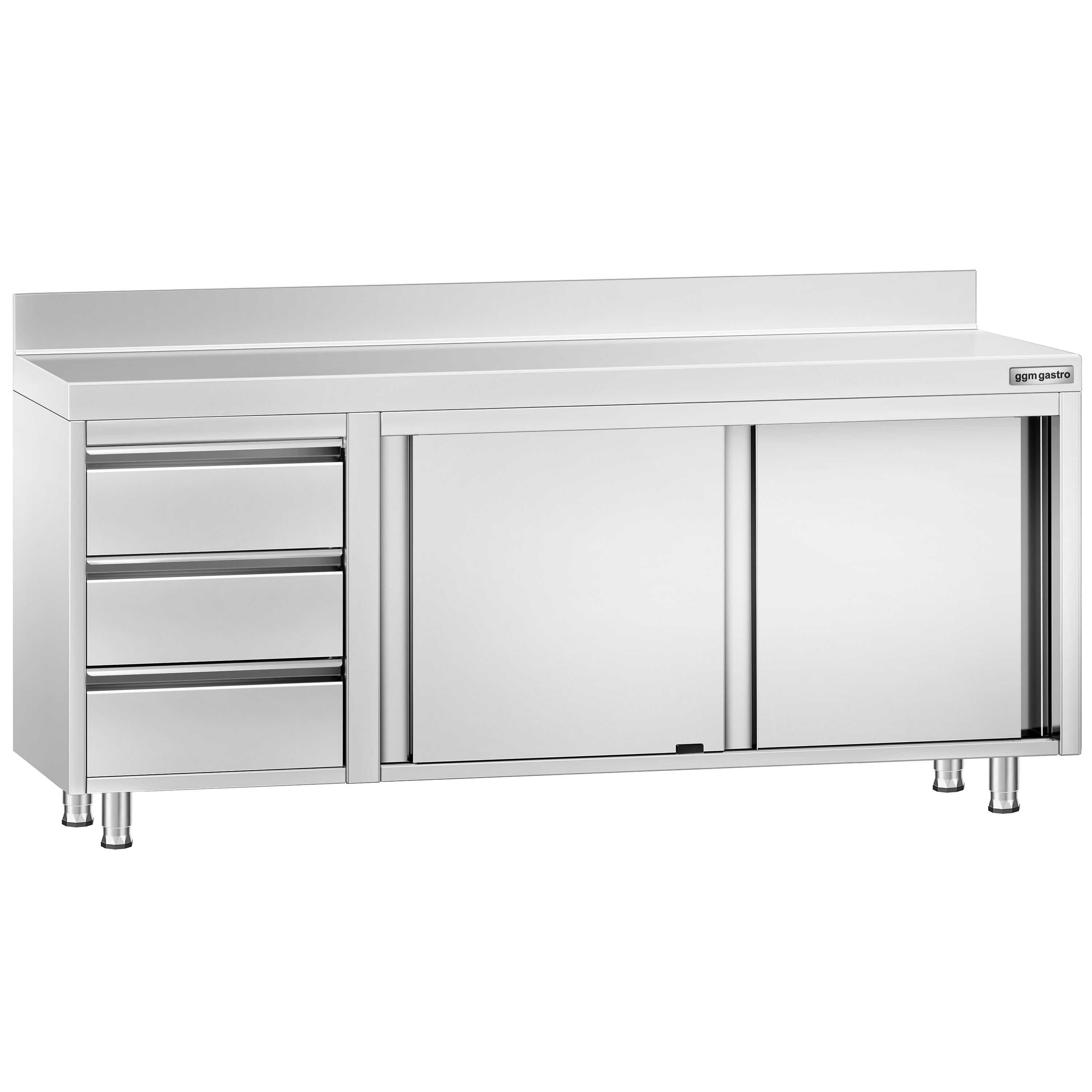 Table armoire en acier inoxydable PREMIUM - 2000x700mm - avec 3 tiroirs à gauche et portes coulissantes et étagère basse - avec dosseret