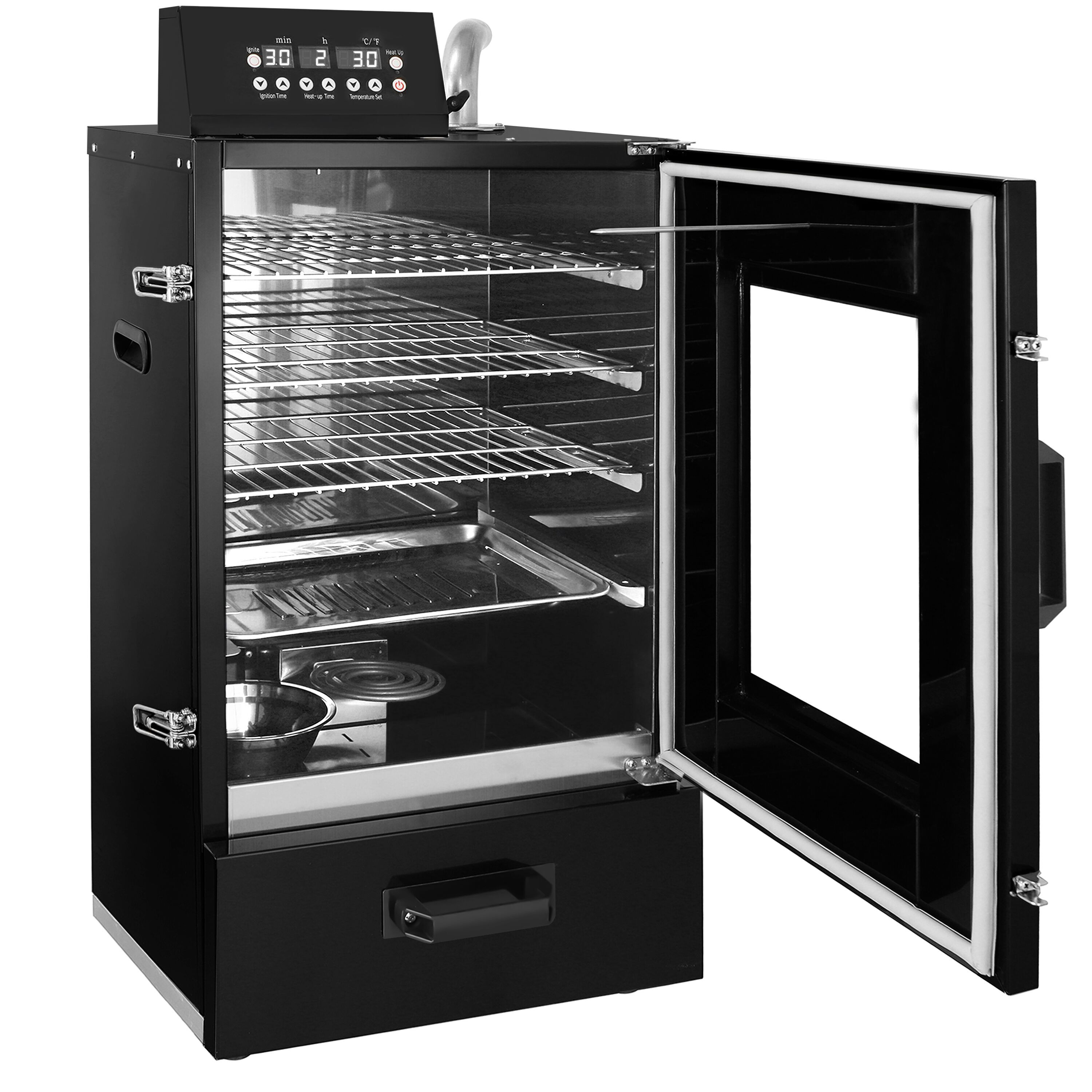 Compact Fumoir électrique professionnel - Commande électronique - 3 étagères et porte vitrée - 475x450mm - Noir
