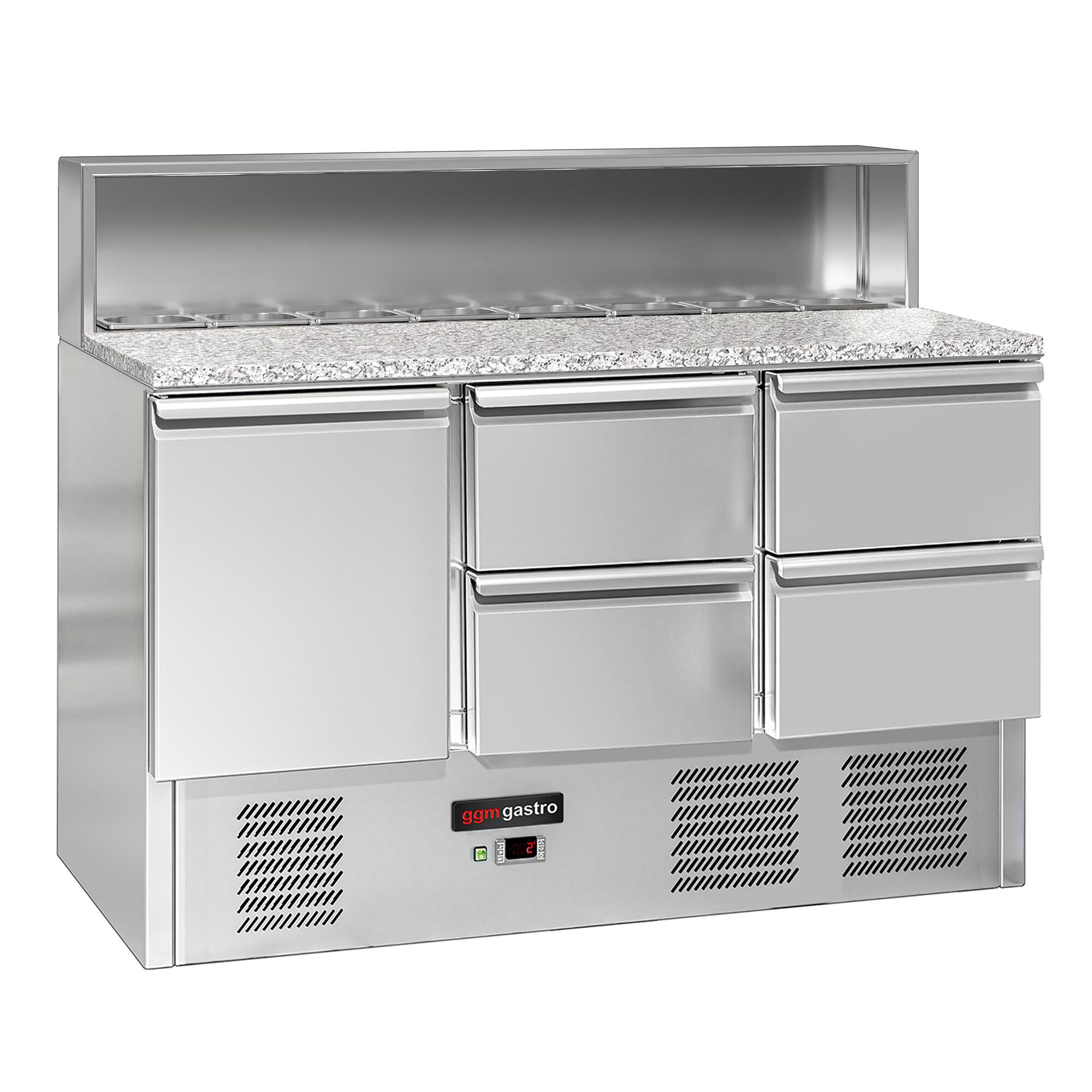Table à pizza réfrigérée ECO - 1368mm - 402L - 1 porte & 4 tiroirs - pour 8x GN 1/6 & Couvercle inox - plan de travail en granit noir