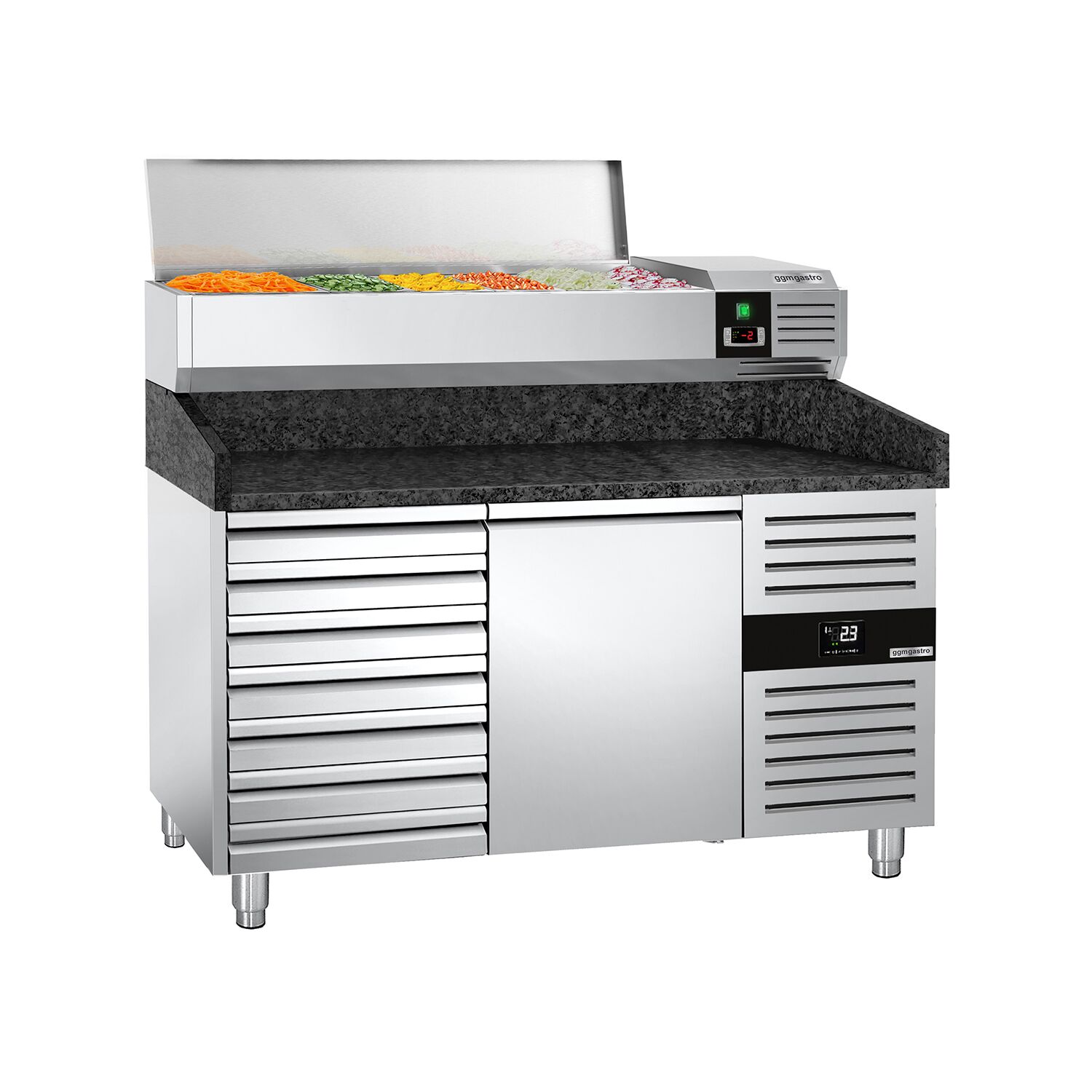 Table réfrigérée à pizza PREMIUM - 1500 x 800 mm - avec 1 porte et 7 tiroirs - incl. vitrine réfrigérée - 6 x GN 1/3