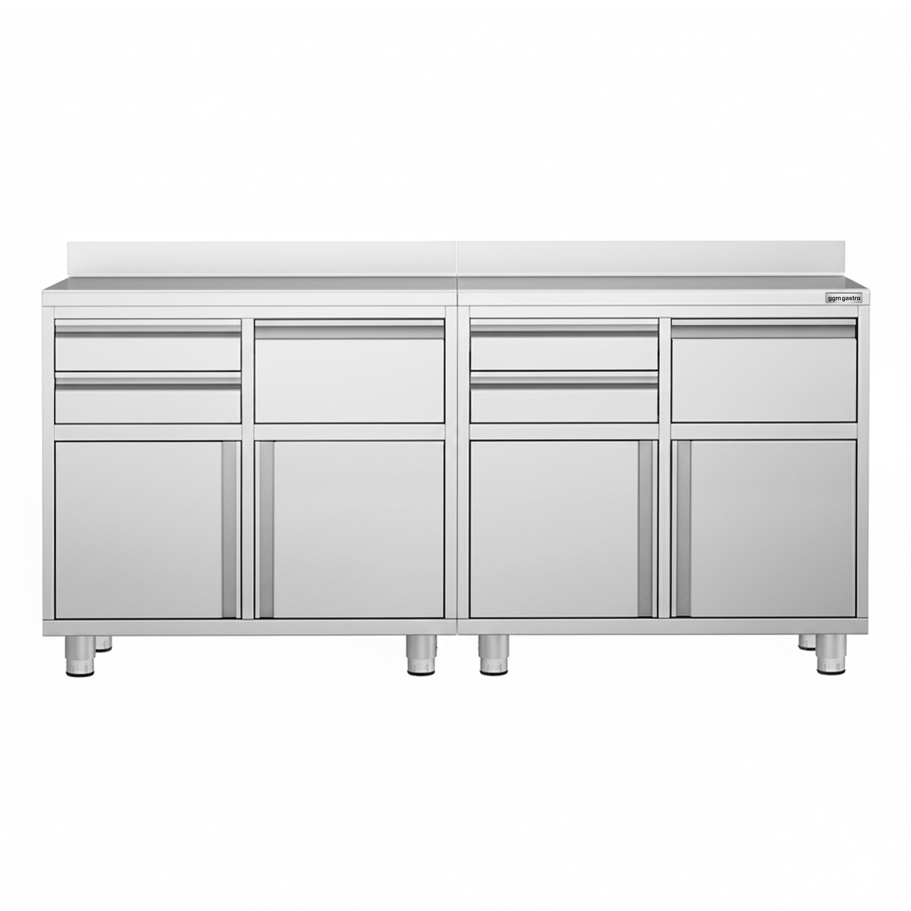 Armário de trabalho - para máquina de café - 2000x600mm - com 4 gavetas, 2 portas de batente e 2 gavetas para borras de café - com aba traseira 100mm