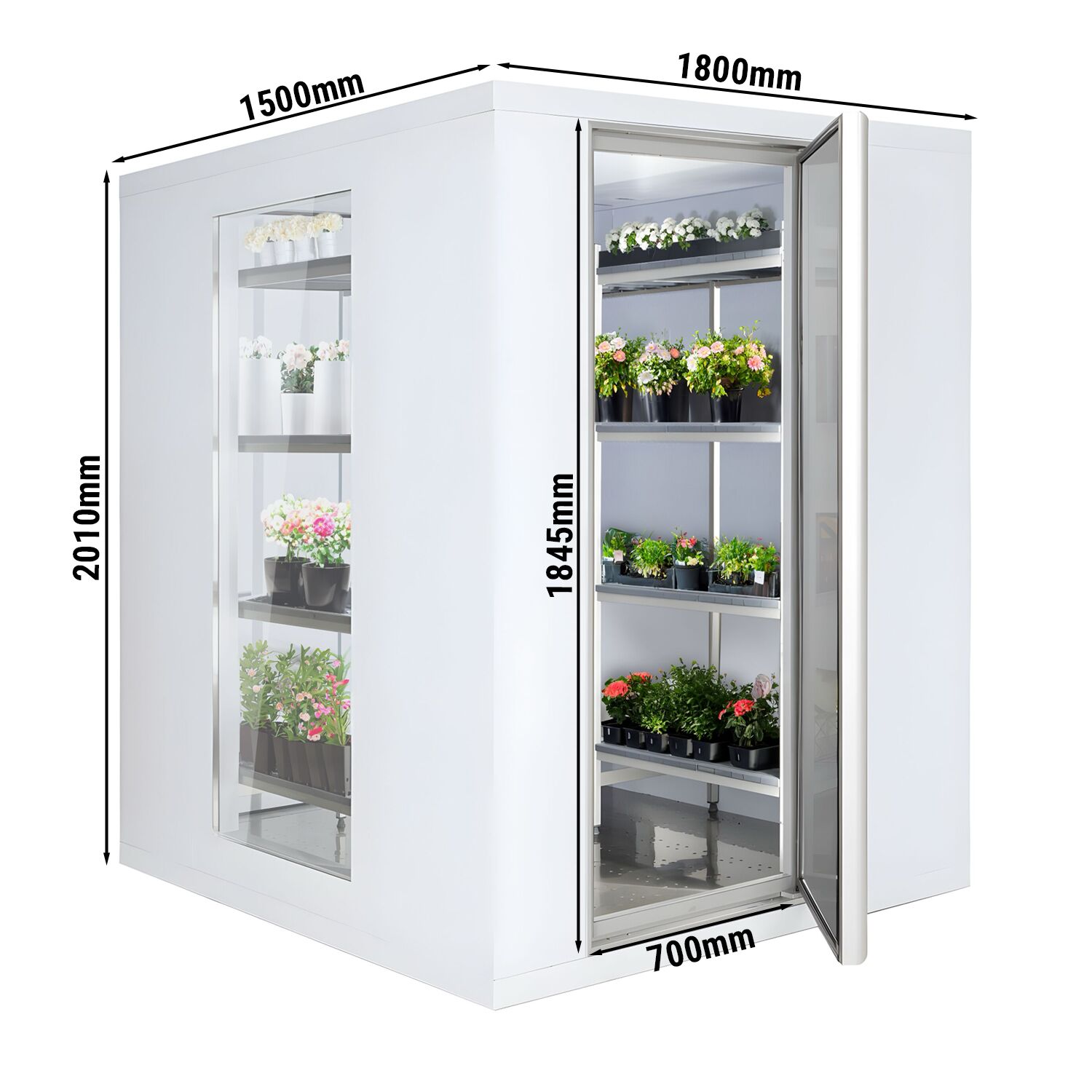 Chambre froide - 1800 x 1500 mm - 4,06 m³ - avec 3 côtés en verre