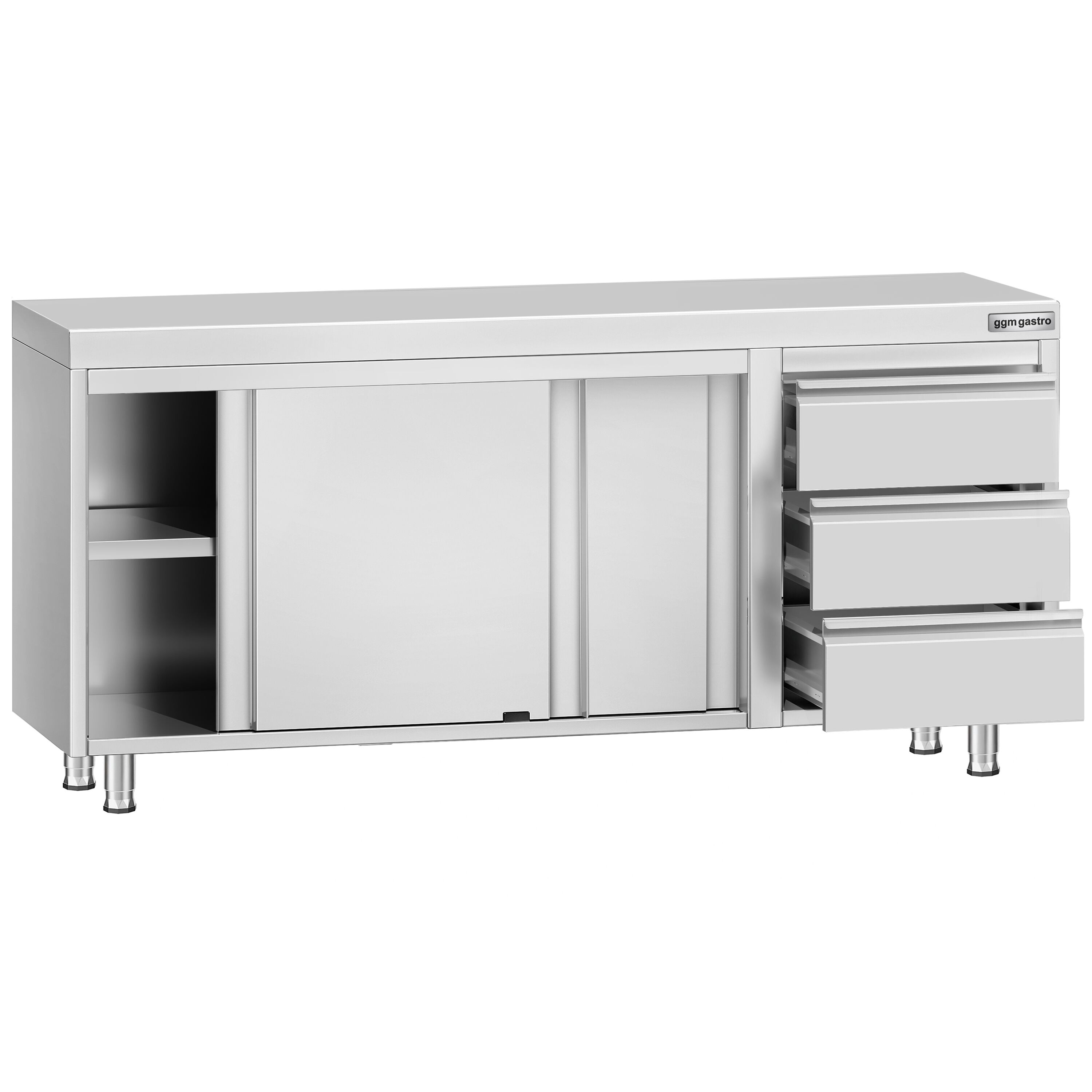 Table armoire en acier inoxydable ECO - 1800x700mm - avec portes coulissantes et 3 tiroirs à droite