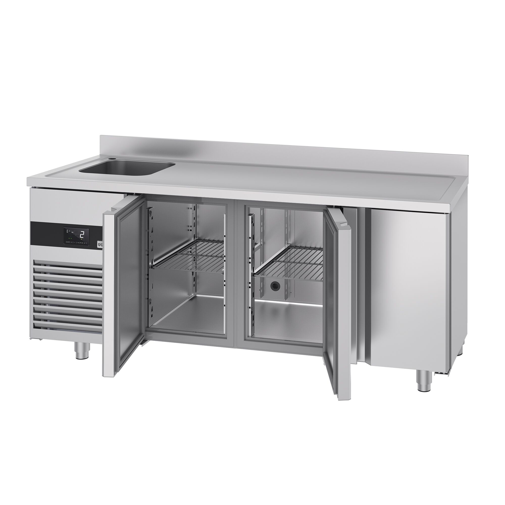 Commercial Counter Fridge PREMIUM - 1900x700mm - with 3 doors - with sink left - with upstand - capacity 420 litres