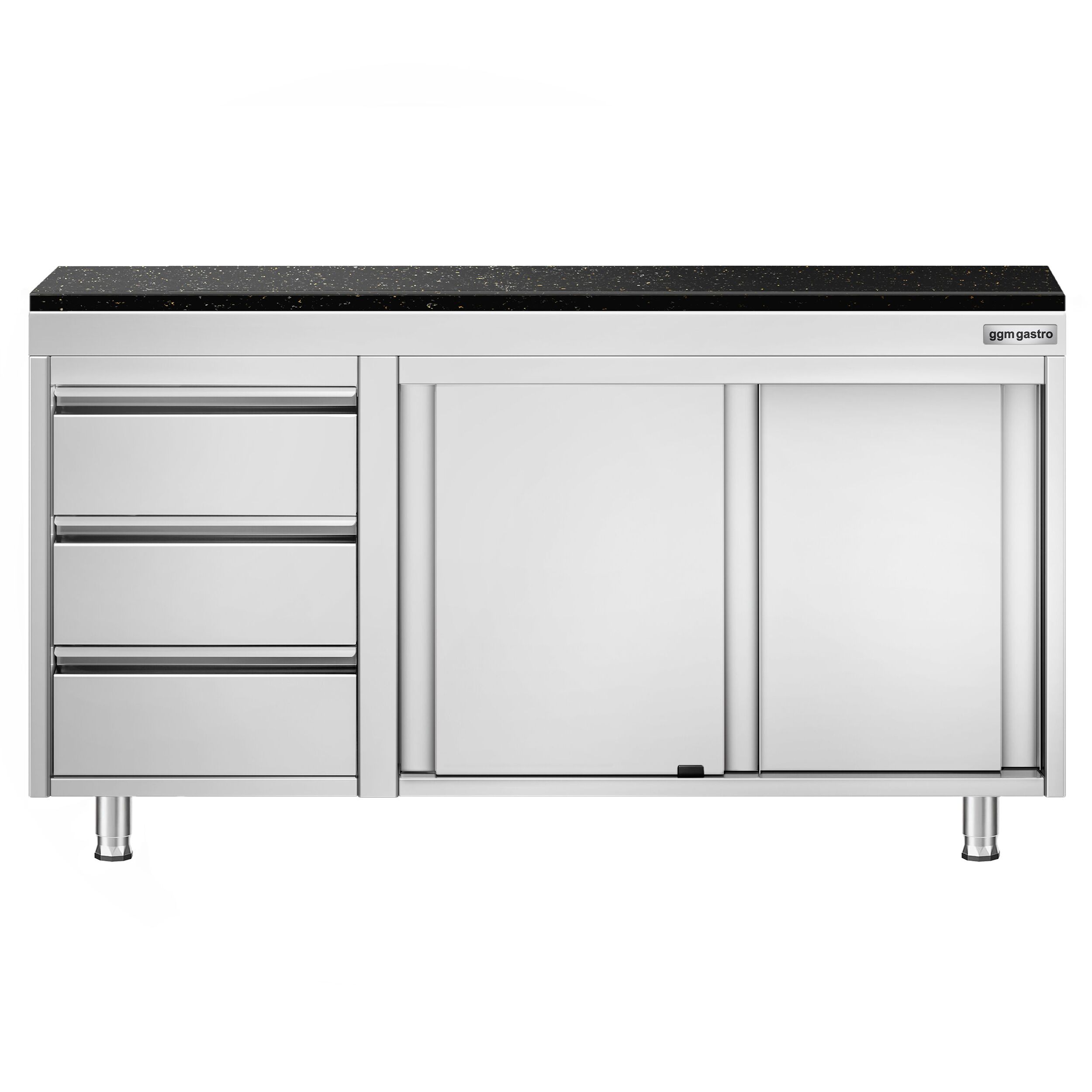 Roestvrijstalen werkkast PREMIUM - 1400 x 700 mm - met 3 lades links - incl. granieten werkblad