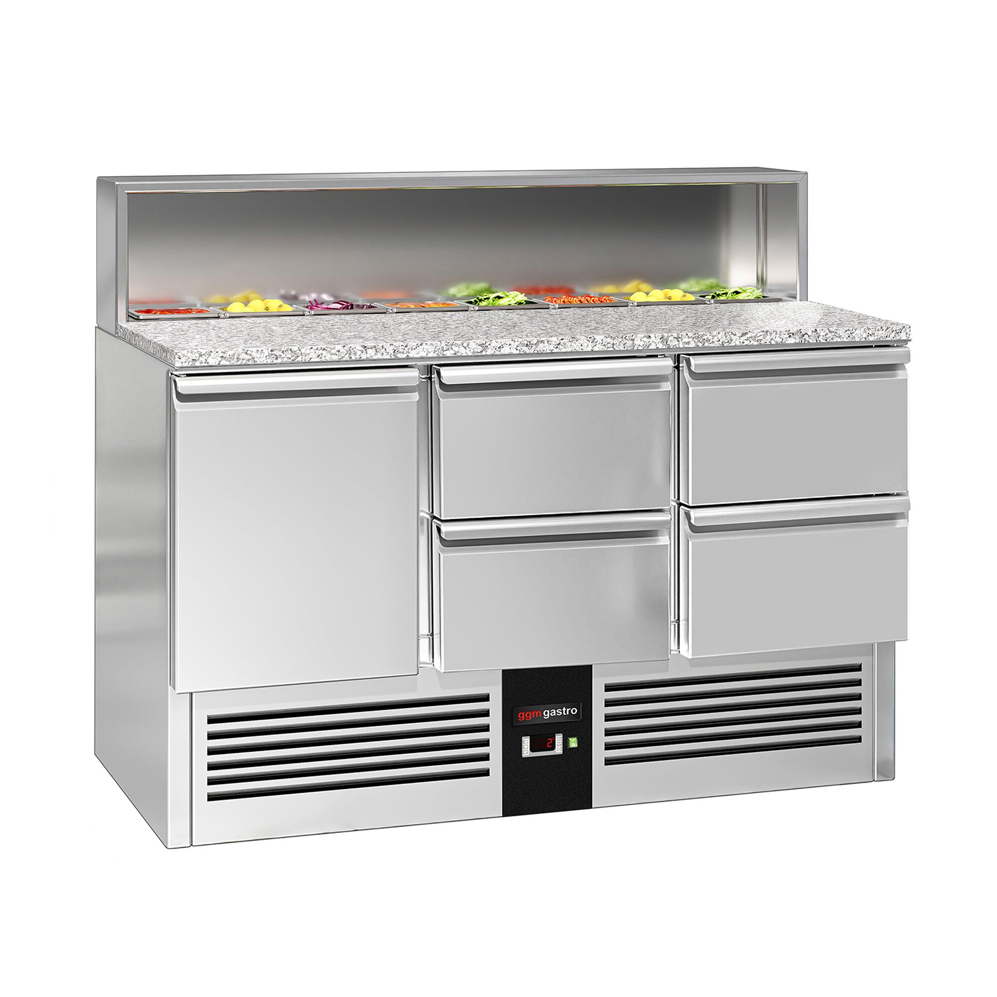 Saladette réfrigérée PREMIUM - 1368mm - 402L - 1 porte & 4 tiroirs - plan de travail en granit noir