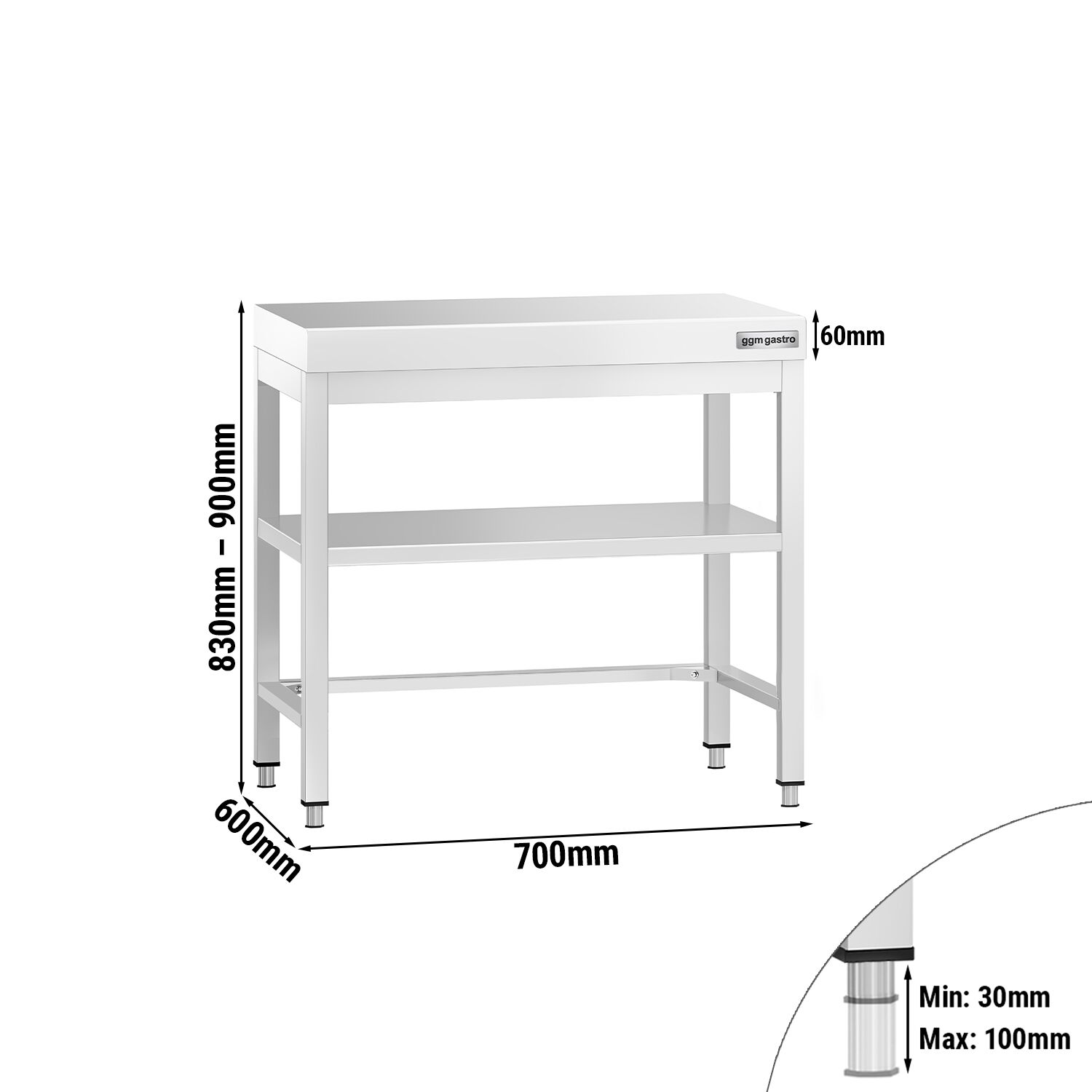 Table de travail inox PREMIUM - 700 x 600 mm - avec tablette inférieure & Renforts
